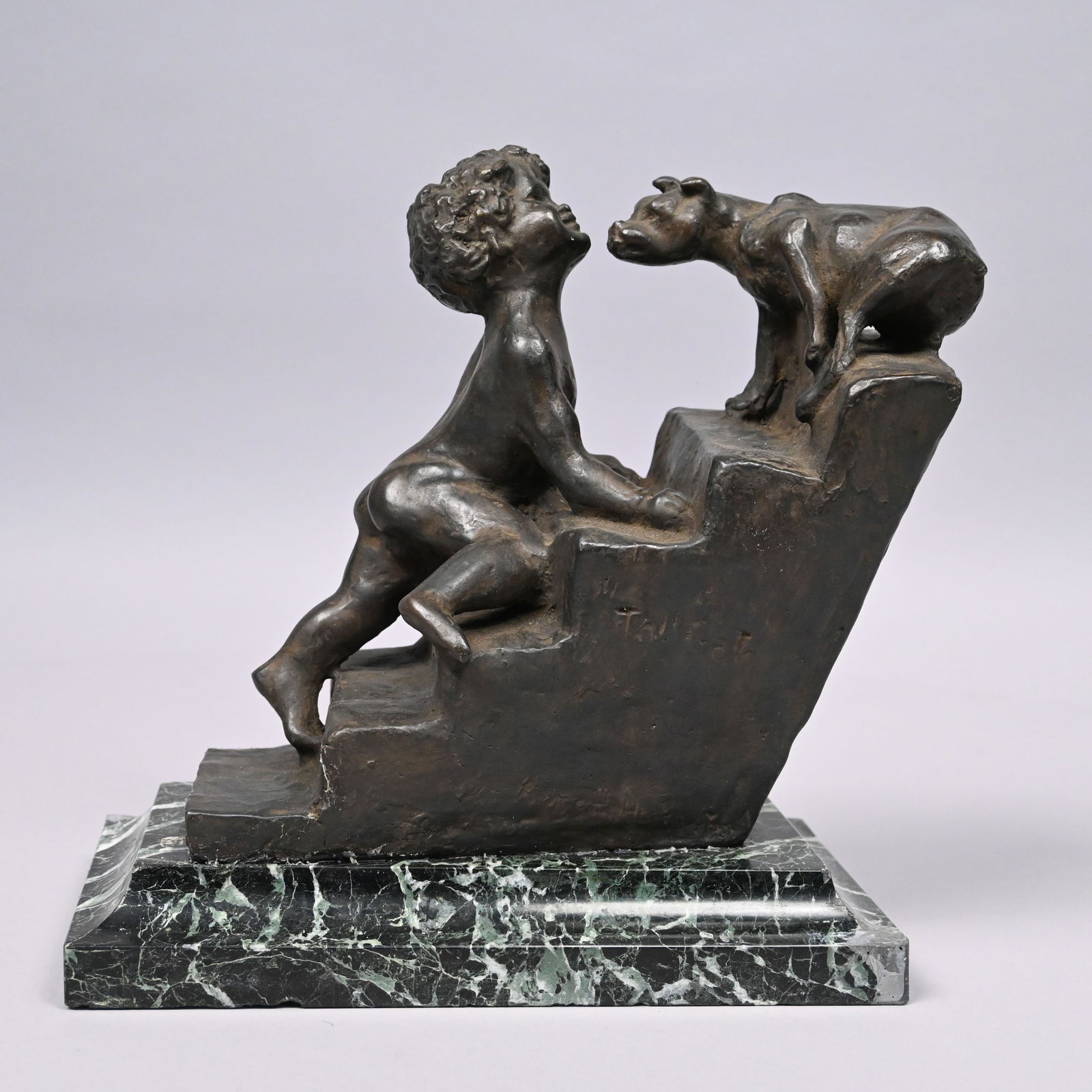 Anna Vaughn Hyatt Huntington - "Toll Gate", 1966: Anna Vaughn Hyatt Huntington (American, 1876-1973). "Toll Gate", 1966. Patinated-Bronze Figural Group. In brown and gold patination, inscribed "Toll Gate" on one side of the steps and signed "Anna H.