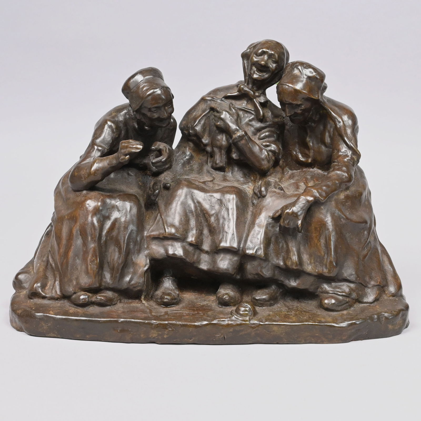 Marc-Aurele de Foy Suzor-Cote - "A Pinch of Salt": Marc-Aurele de Foy Suzor-Cote (Canadian/ American, 1869-1937). "A Pinch of Salt," Patinated-Bronze Figural Group. In medium brown patina, signed "SUZOR-COTE" and foundry mark "ROMAN BRONZE WORKS NY"