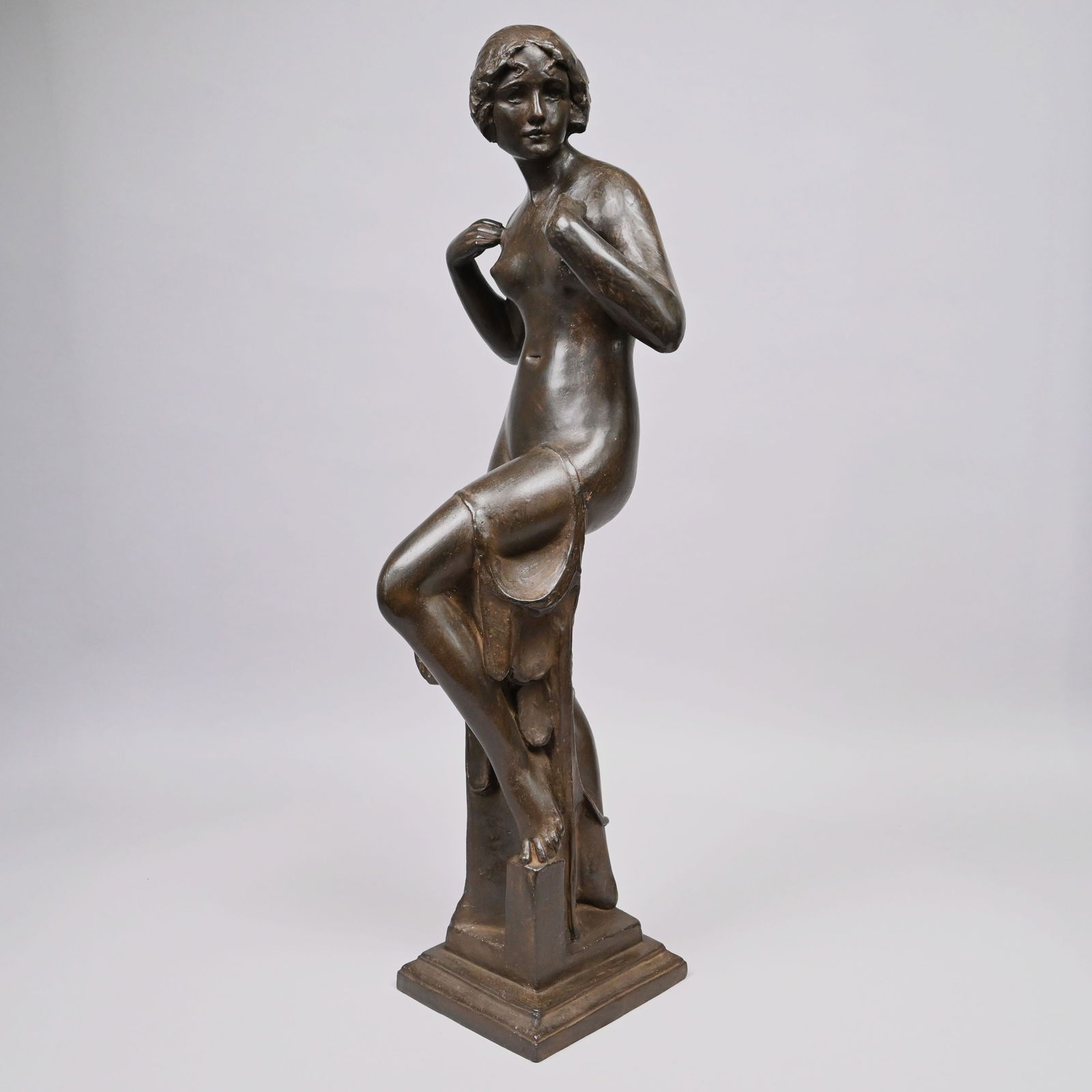Mario Josef Korbel - Figure of a Woman: Mario Joseph Korbel (Czech/ American 1882-1954). Patinated-Bronze Figure of a Partially Draped Woman. In dark brown patina, signed with copyright symbol and "MARIO KORBEL" on one side of the base,