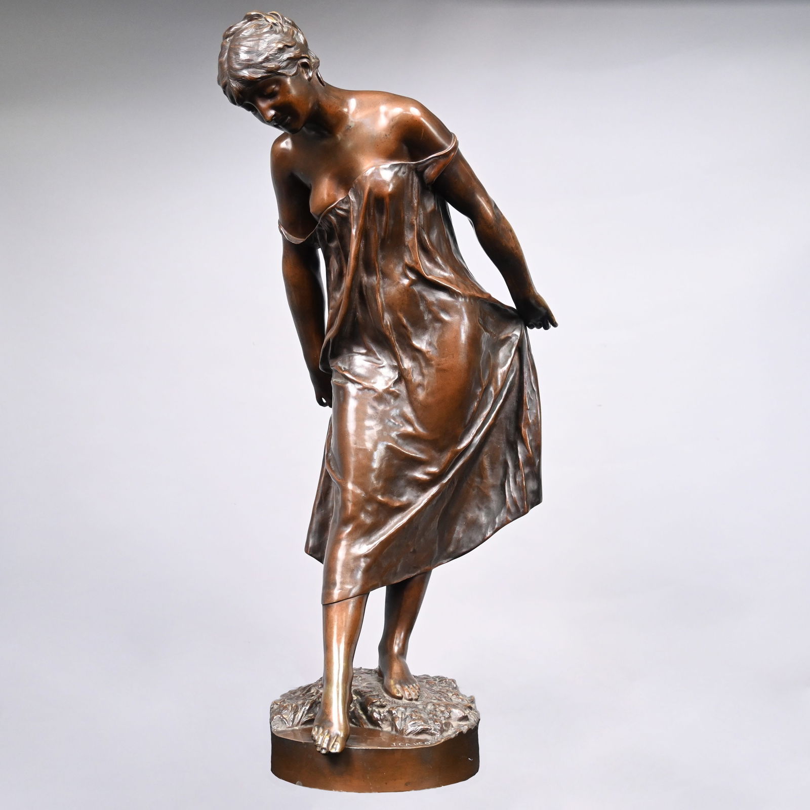 After Jean-Jules Cambos - Bather: After Jean-Jules Cambos (French, 1828-1917). Bather. Patinated-Bronze Figure. In dark brown patina, signed "J CAMBOS" top of base.H: 30.25 in., W: 10.5 in., D: 16.25 in.