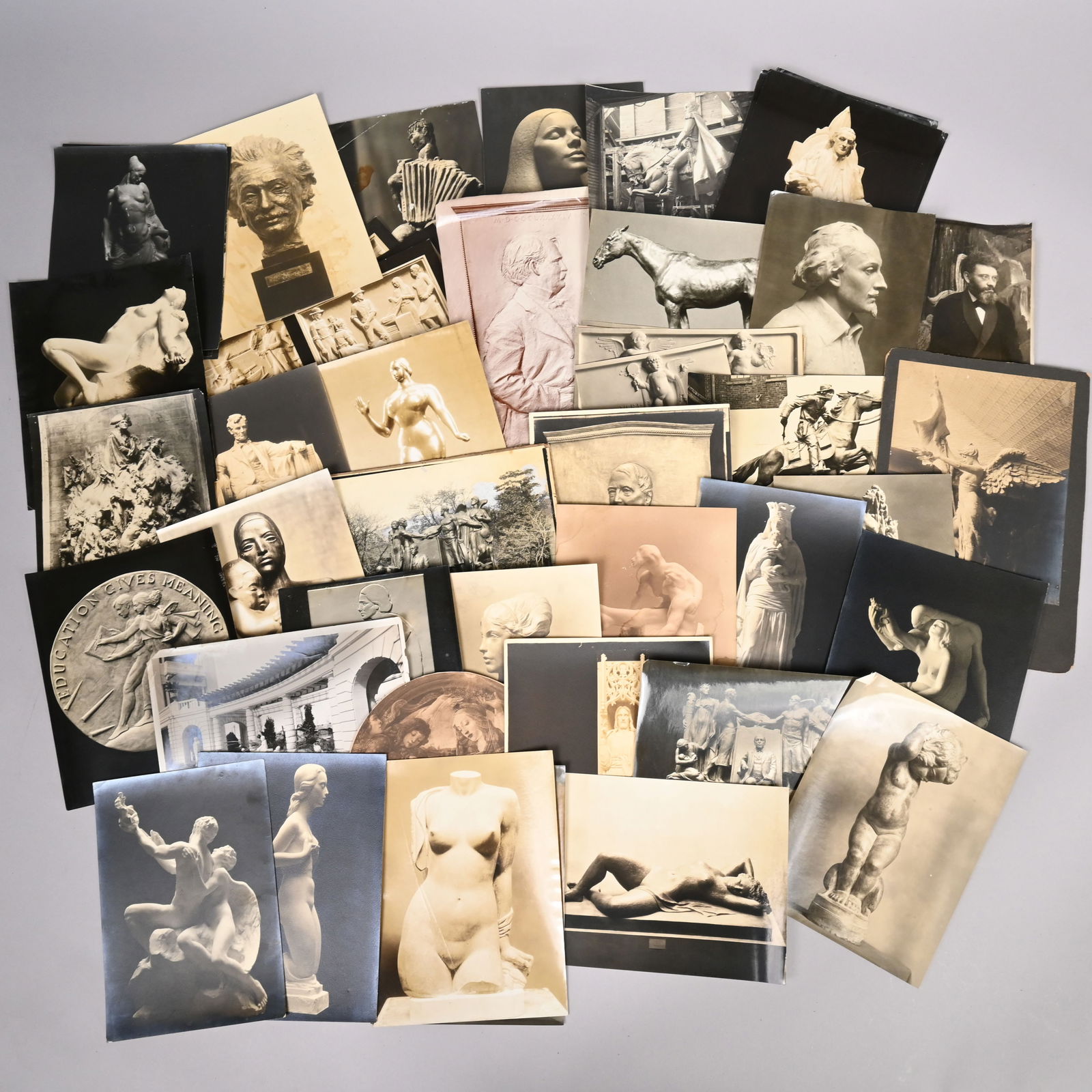 Collection of Roman Bronze Works Ephemera: Collection of Roman Bronze Works Ephemera, 1920's-1940's. Comprising photographs of architectural settings and friezes (many Art Deco), sculptures in bronze and stone with notations of current