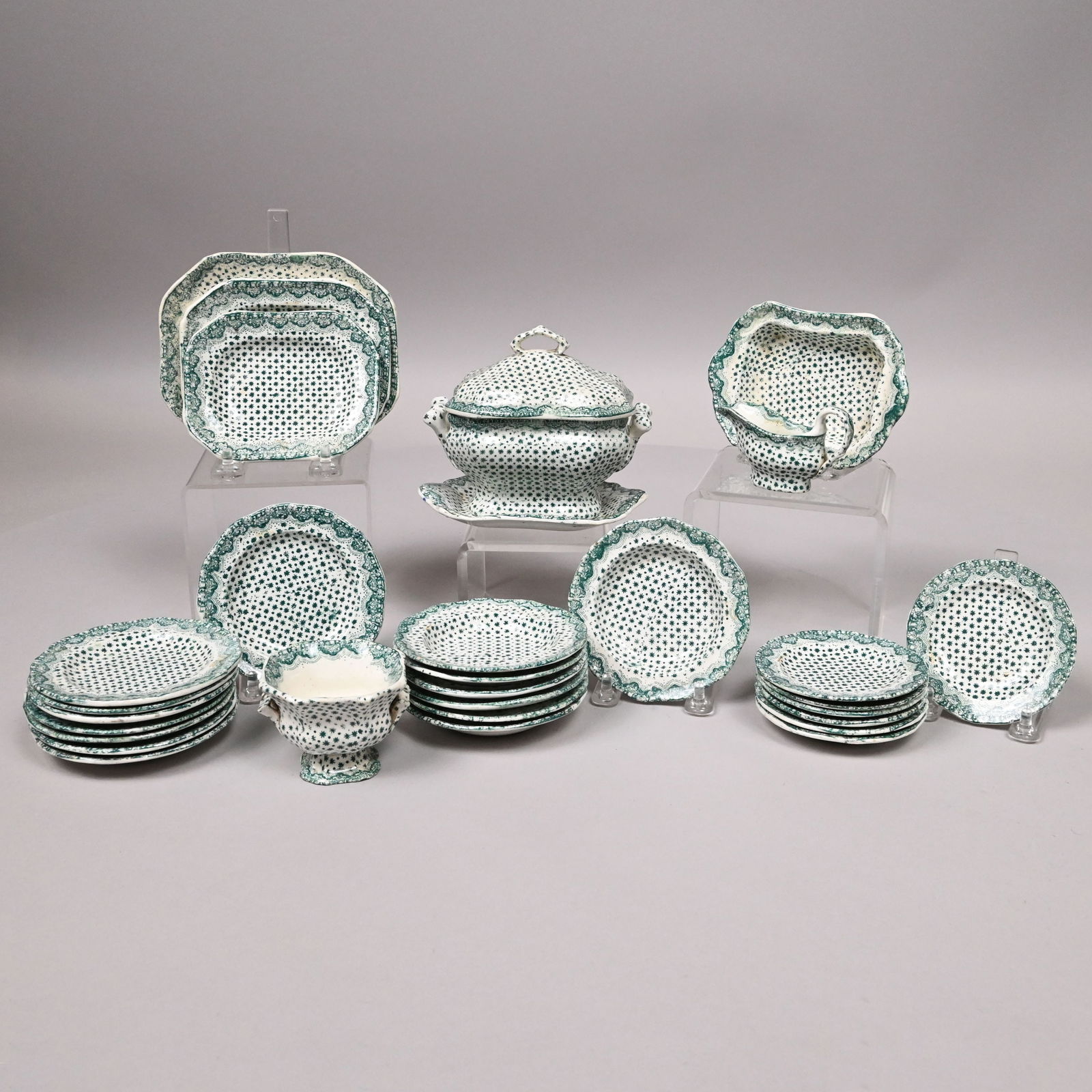 'Dimmock Dimity' Staffordshire Toy Dinner Service: 'Dimmock Dimity', Scarce Staffordshire Green Transfer-Printed Part Children's Toy Dinner Service, Thomas Dimmock (Jnr.) & Co., 1828-1859. Comprising seven 4-inch soup plates, seven 3.5-inch plates,