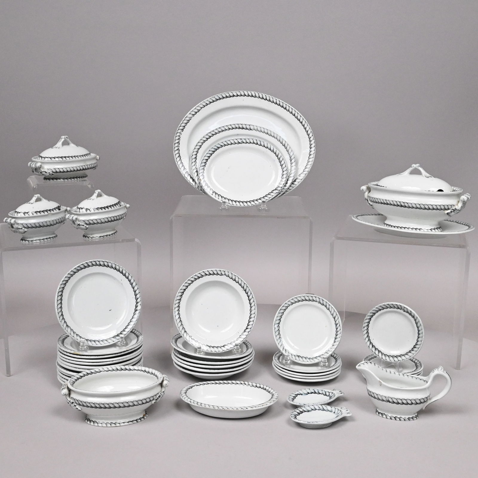 Staffordshire Best Body Child's Toy Dinner Service: Staffordshire Best Body New Stone Black Transfer-Printed Children's Toy Part Dinner Service, Minton & Co., Circa 1850. Each piece surrounded by a rope border and comprising six 4.5-inch soup plates,