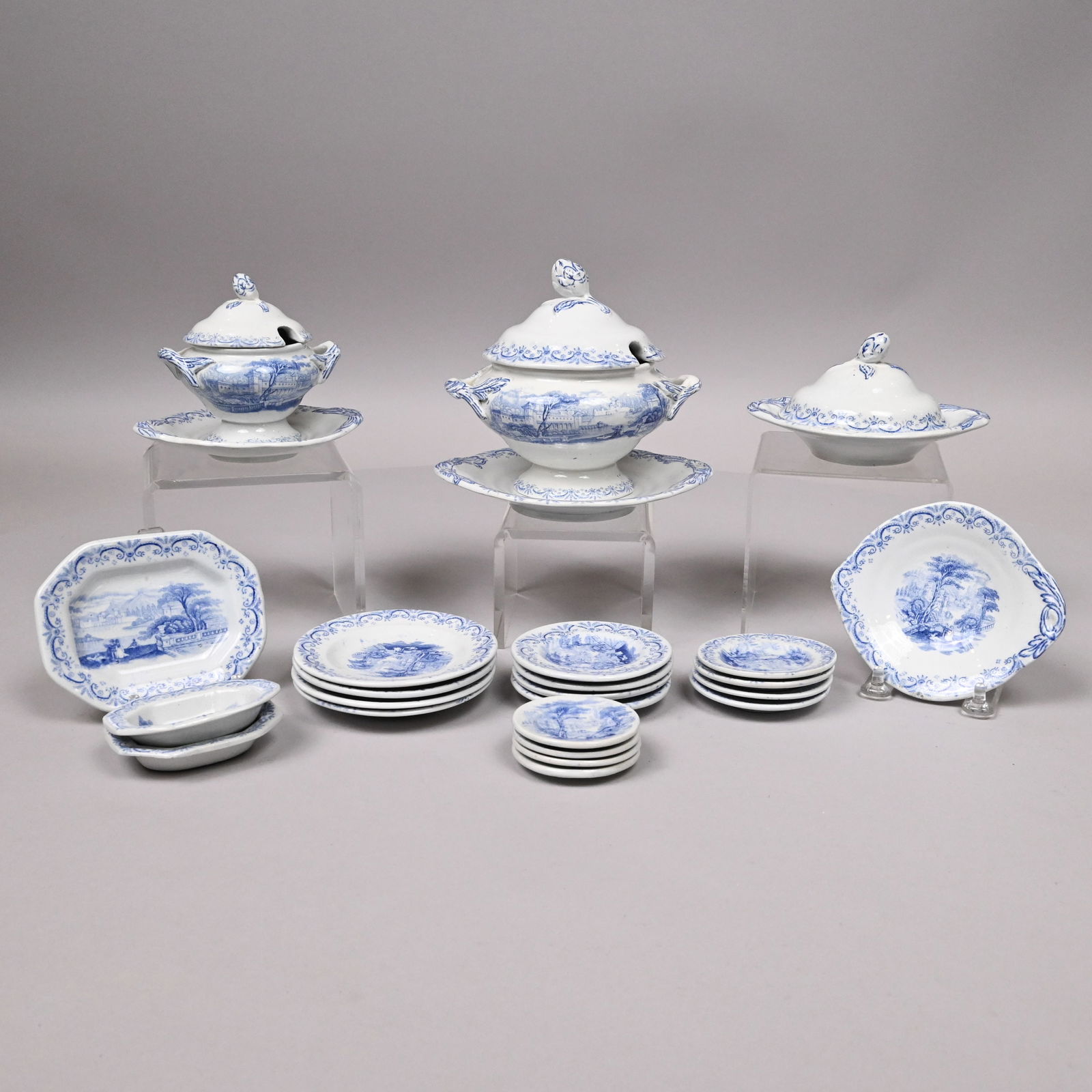 'Missouri', Staff. Child's Toy Dinner Service: 'Missouri', Staffordshire Blue Transfer-Printed Children's Toy Part Dinner Service, Edge, Malkin & Co., 1870-1902. Comprising four 2.25-inch plates, four 2.75-inch plates, four 3.125-inch plates,