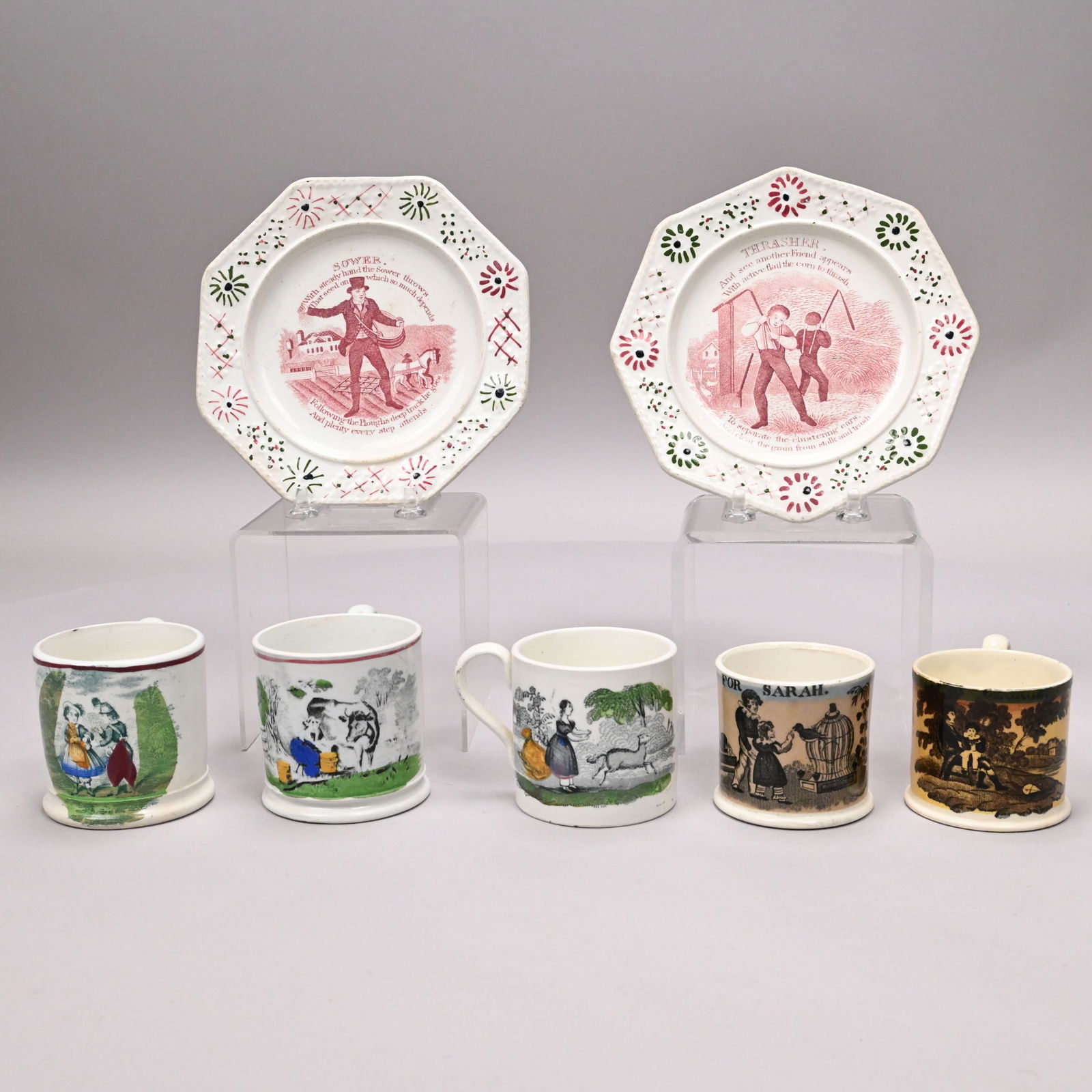 Five Staffordshire Printed Mugs and Pair of Plates (1 of 17)