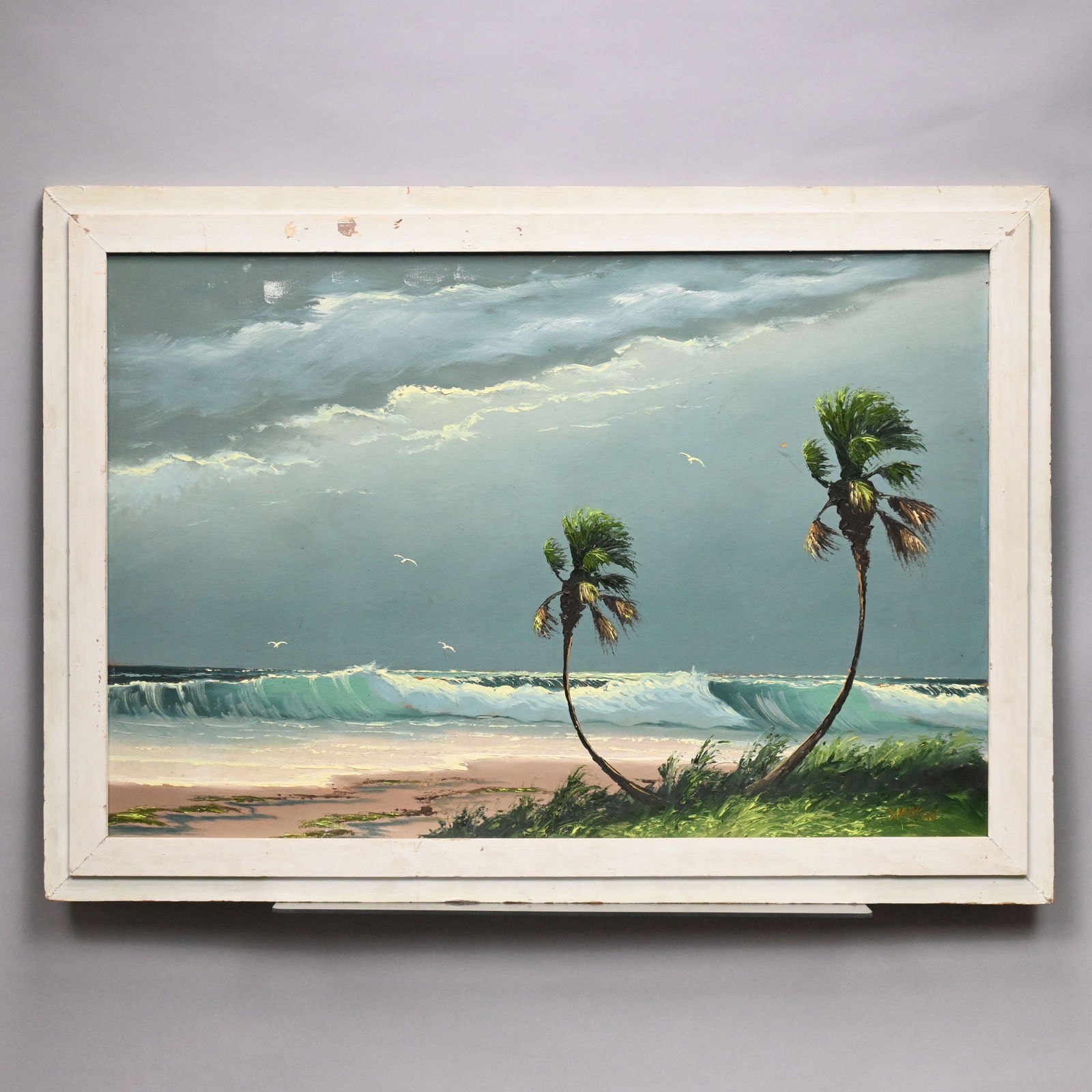 Sam Newton - Florida Coastal View with Palm Trees: Sam Newton (American, b. 1948). Florida Highwaymen Coastal View with Palm Trees. Acrylic on board, (24 x 36 inches), signed "Sam Newton" lower right.Frame: H: 29 in., W: 40.75 in., D: 1 in.