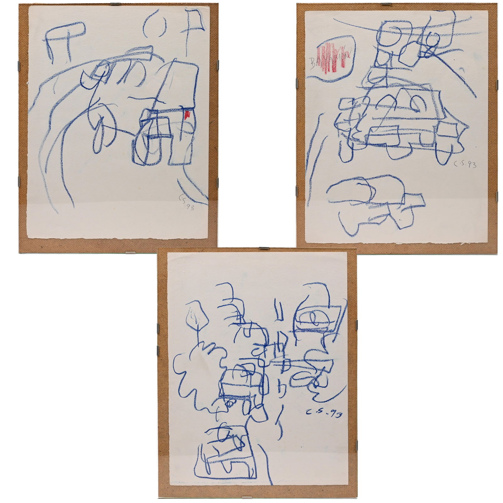 Carmelo Sobrino - Three Drawings: Carmelo Sobrino (Manati, Puerto Rican, b. 1948). Three Drawings. Each in blue pastel on paper, two each with red areas and one of these inscribed "BAYAMON," (speedy), each signed and dated "C S 93,"