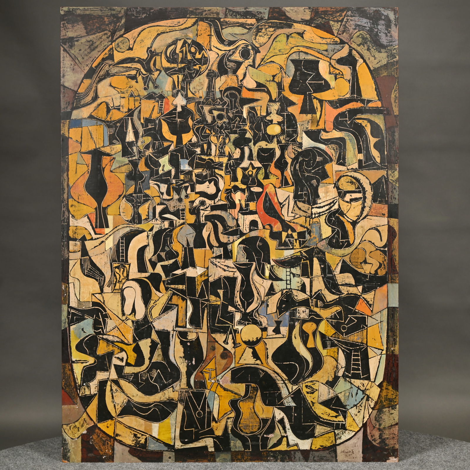 Irving Schwartz - Abstract Composition: Irving Schwartz (American, 1895-1989). Abstract Composition of Figures and Vessels. Oil on Masonite braced with wood, signed "Schwartz" and dated 1957 lower right; unframed.H: 66 in., W: 48 in., D: 3