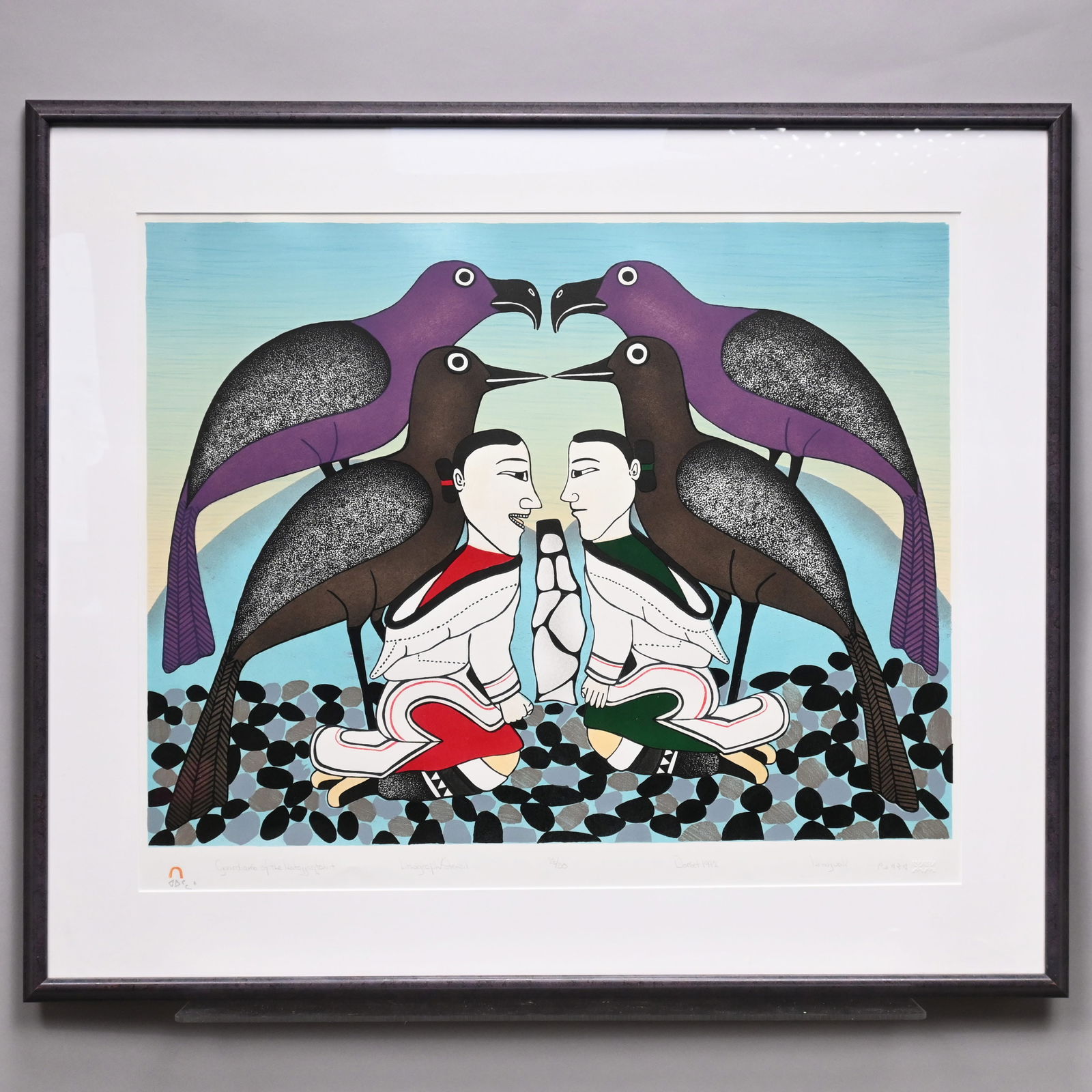 Kenojuak Ashevak - Guardians of the Katajjaatatiit: Kenojuak Ashevak (Inuit, 1927 - 2013). "Guardians of the Katajjaatatiit." Lithograph and stencil on paper, signed in pencil lower right, titled, dated "Dorset 1992," and numbered 23/50, (22 x 26.75