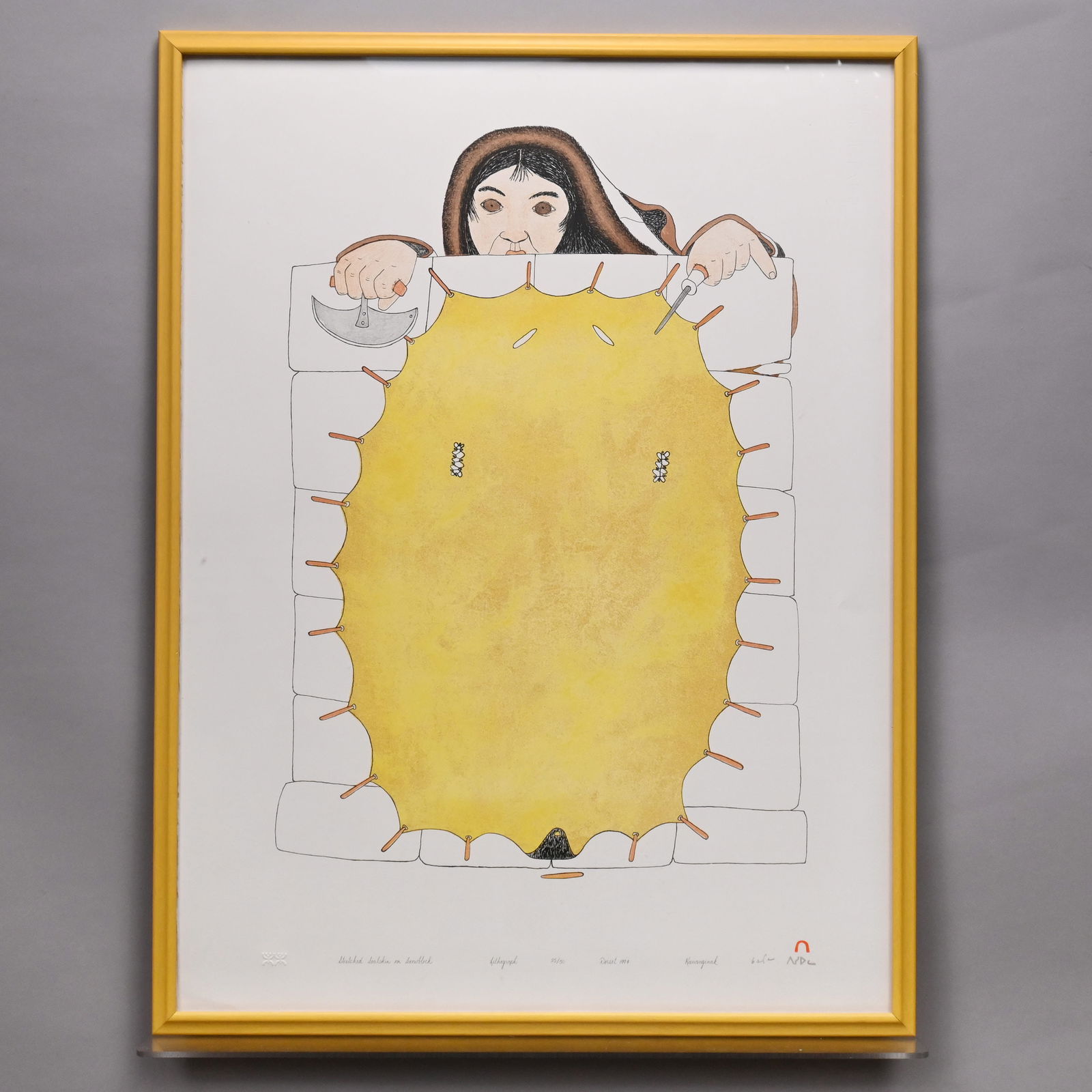 Kananginak Pootoogook - Stretched Sealskin: Kananginak Pootoogook (Inuit, 1935 - 2010). Stretched Sealskin on Snowblock. Lithograph on paper, signed in pencil lower right, titled, dated "Dorset 1994," and numbered 25/50, (29.5 x 22