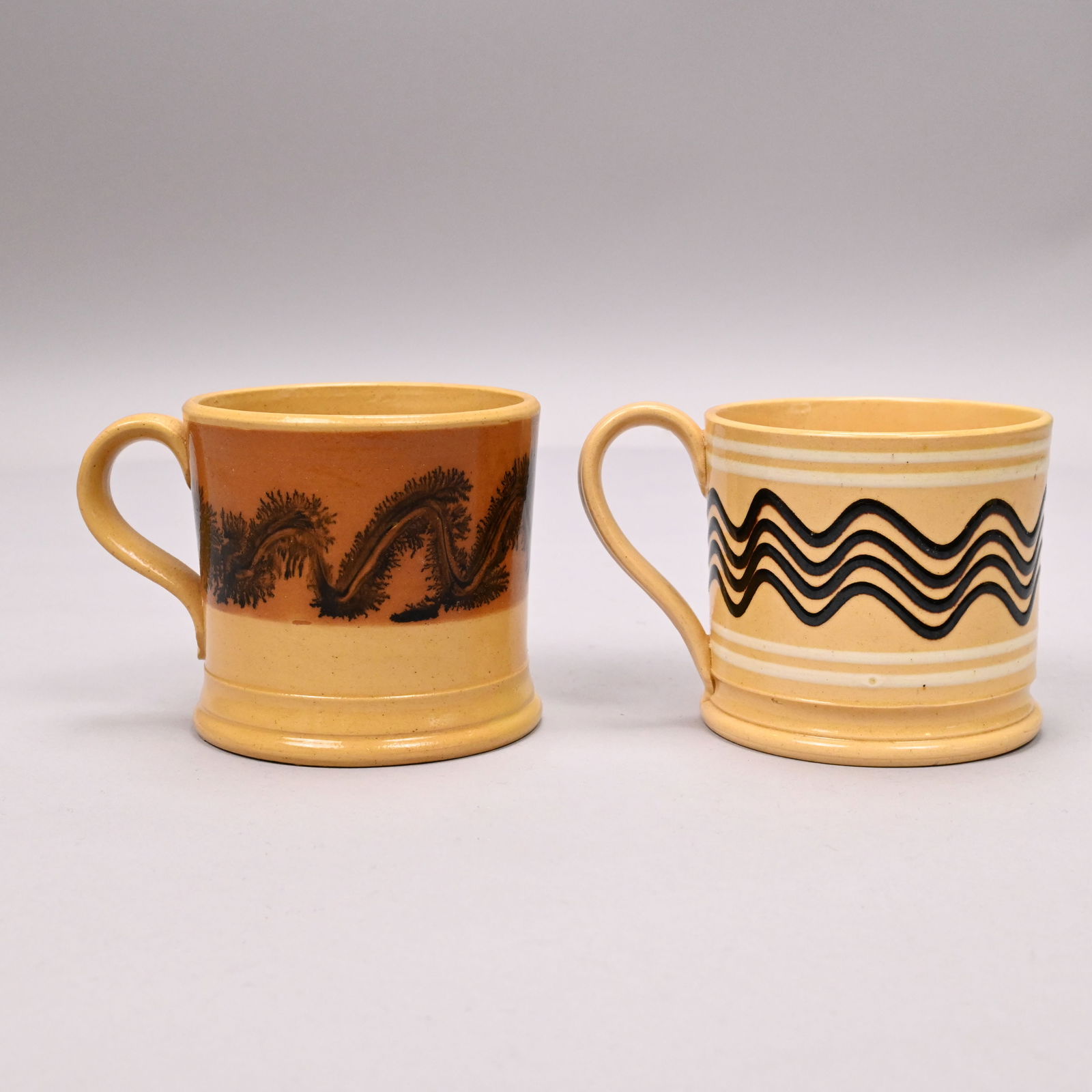 Four Yellowware Slip-Banded Mochaware Mugs&Pitcher - 2