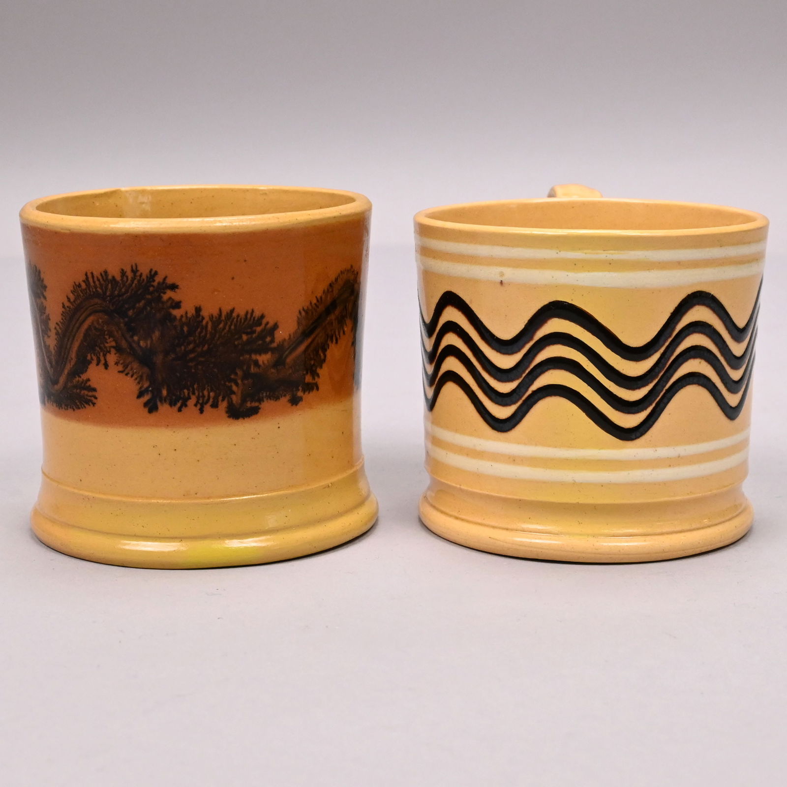 Four Yellowware Slip-Banded Mochaware Mugs&Pitcher - 3