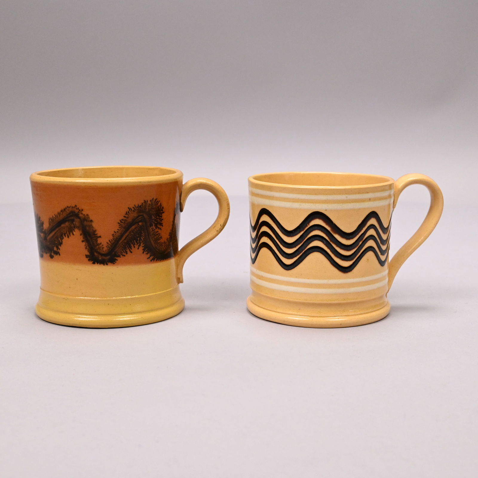 Four Yellowware Slip-Banded Mochaware Mugs&Pitcher - 4