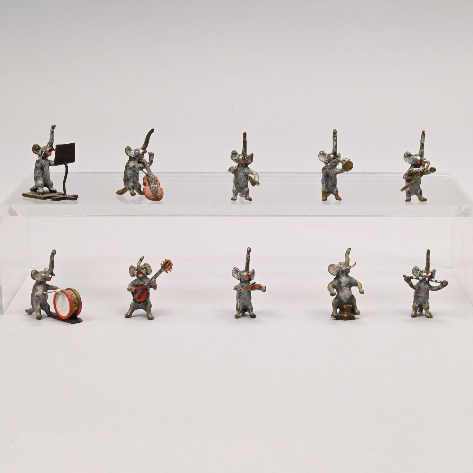 Vienna Cold-Painted Bronze Ten-Piece Elephant Band: Vienna Cold-Painted Bronze Ten-Piece Elephant Orchestra, Probably Franz Xaver Bergman, Early 20th Century. Comprising a conductor, an elephant seated on a stool, violinist, cellist, banjo player,