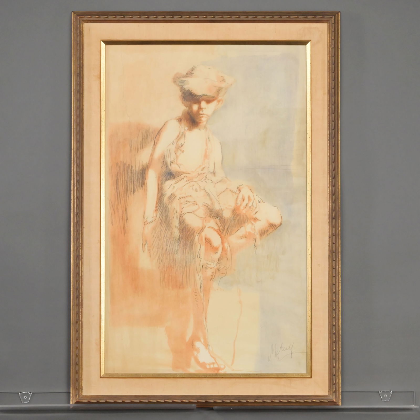 Conger Metcalf - Portrait of a Seated Boy: Conger Metcalf (American, 1914 - 1998). Portrait of a Seated Boy. Mixed Media with crayon, watercolor and charcoal on paper, (32.25 x 19.75 inches, sight), signed "Metcalf" lower right.Frame: H: