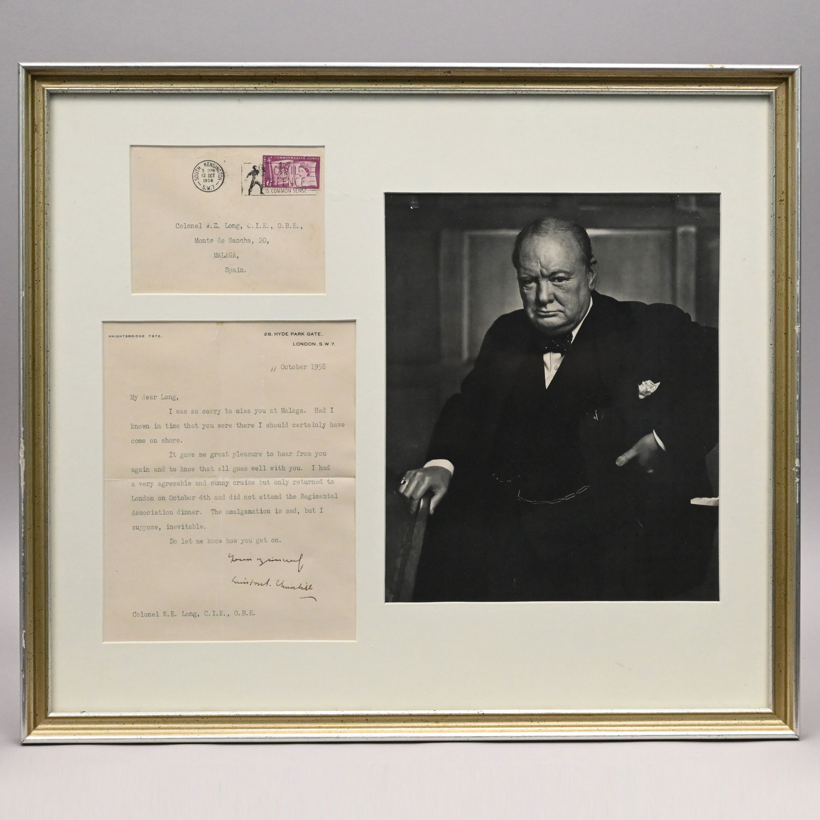 Winston Churchill Letter to Colonel W. E. Long: Winston Churchill Letter to Colonel W. E. Long, London, 11 October, 1958. Single-sided typescript letter with stamped and postmarked envelope, regretting missing Long at Malaga, signed in ink "Yours