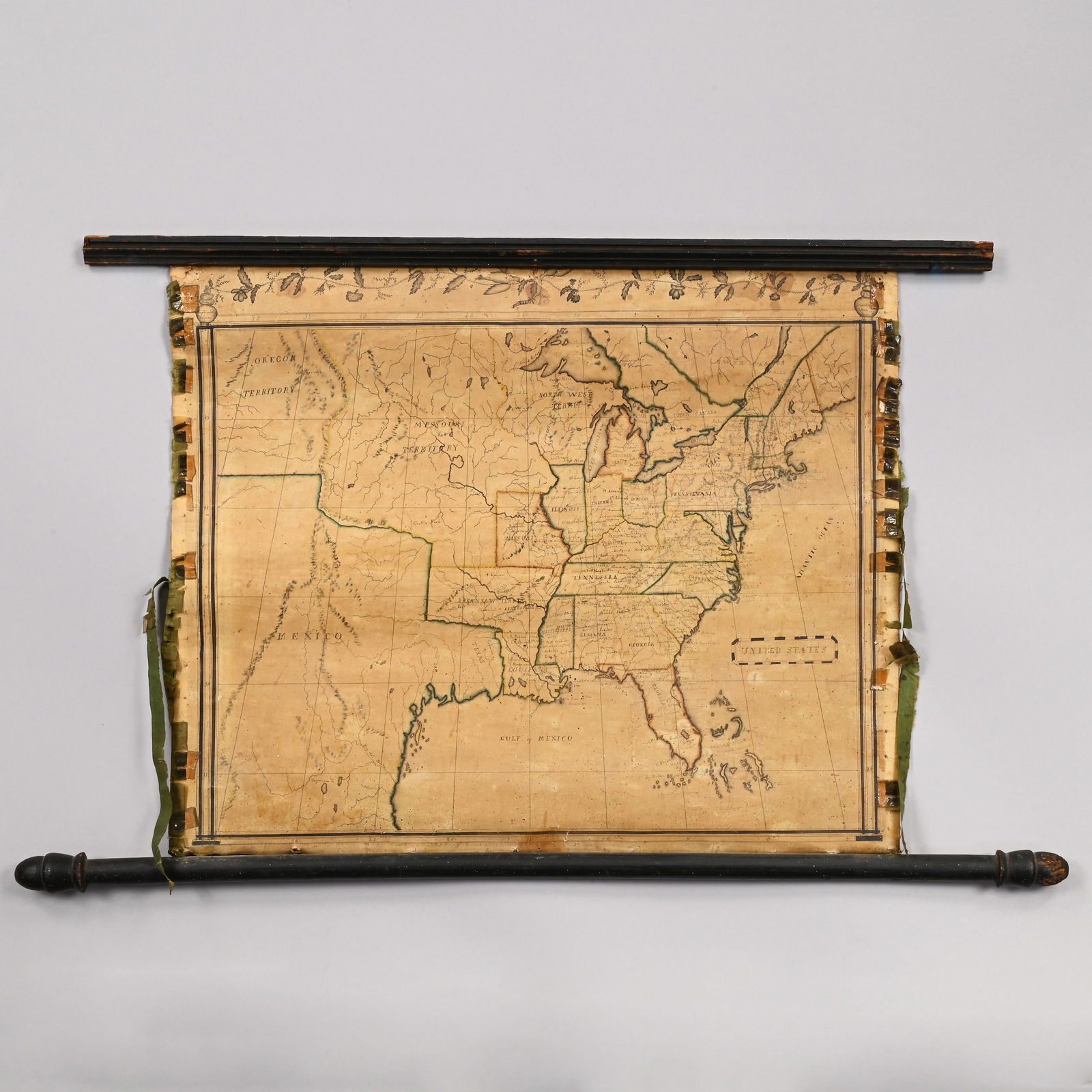 School Girl Hand-Drawn Map, United States: School Girl Pen and Ink Hand-Drawn Map of the United States, Drawn By Sophia W. Perrclouea (?), Massachusetts, Dated June 1833. Drawn in pen and ink in each upper corner with a vase suspending a flowe