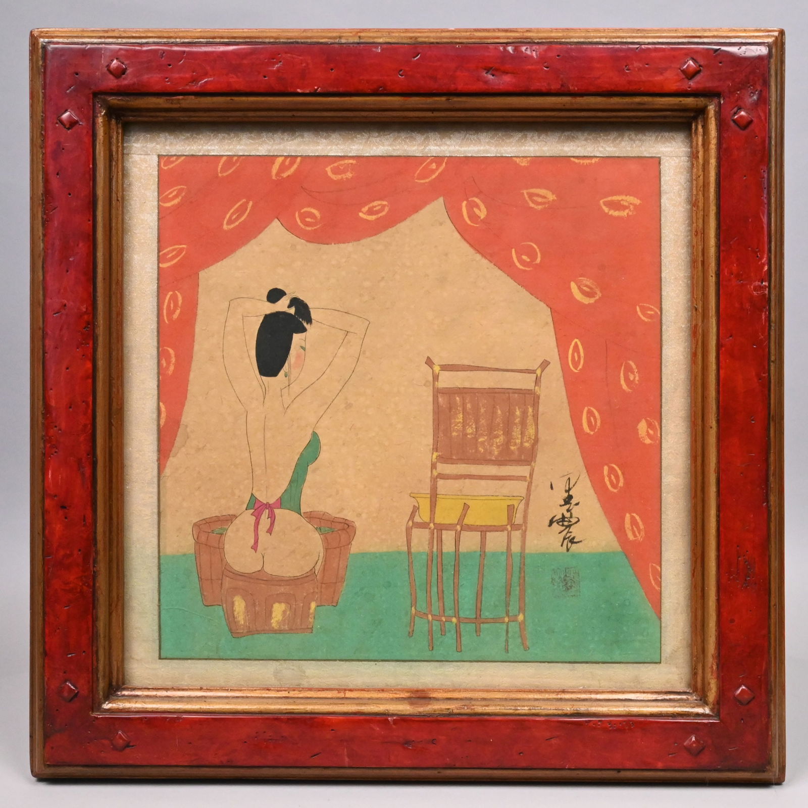 Hu Yongkai - Woman Preparing Her Bath: Hu Yongkai (Chinese, b. 1945). Woman Preparing Her Bath. Gouache, watercolor and ink on paper, (13.25 x 13.25 inches), signed in ink with red seal lower right.Frame: H: 19.75 in., W: 19.75 in., D: