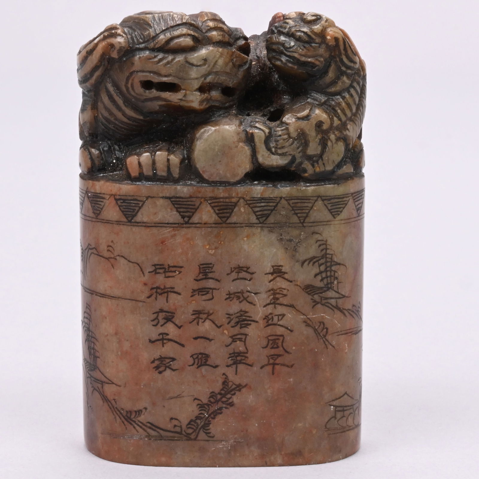 Chinese Carved Hardstone Seal: Chinese Carved Hardstone Seal, Late 19th-20th Century. The four character seal in mottled red and green stone, inscribed on the front with four rows of characters and carved around the sides with a