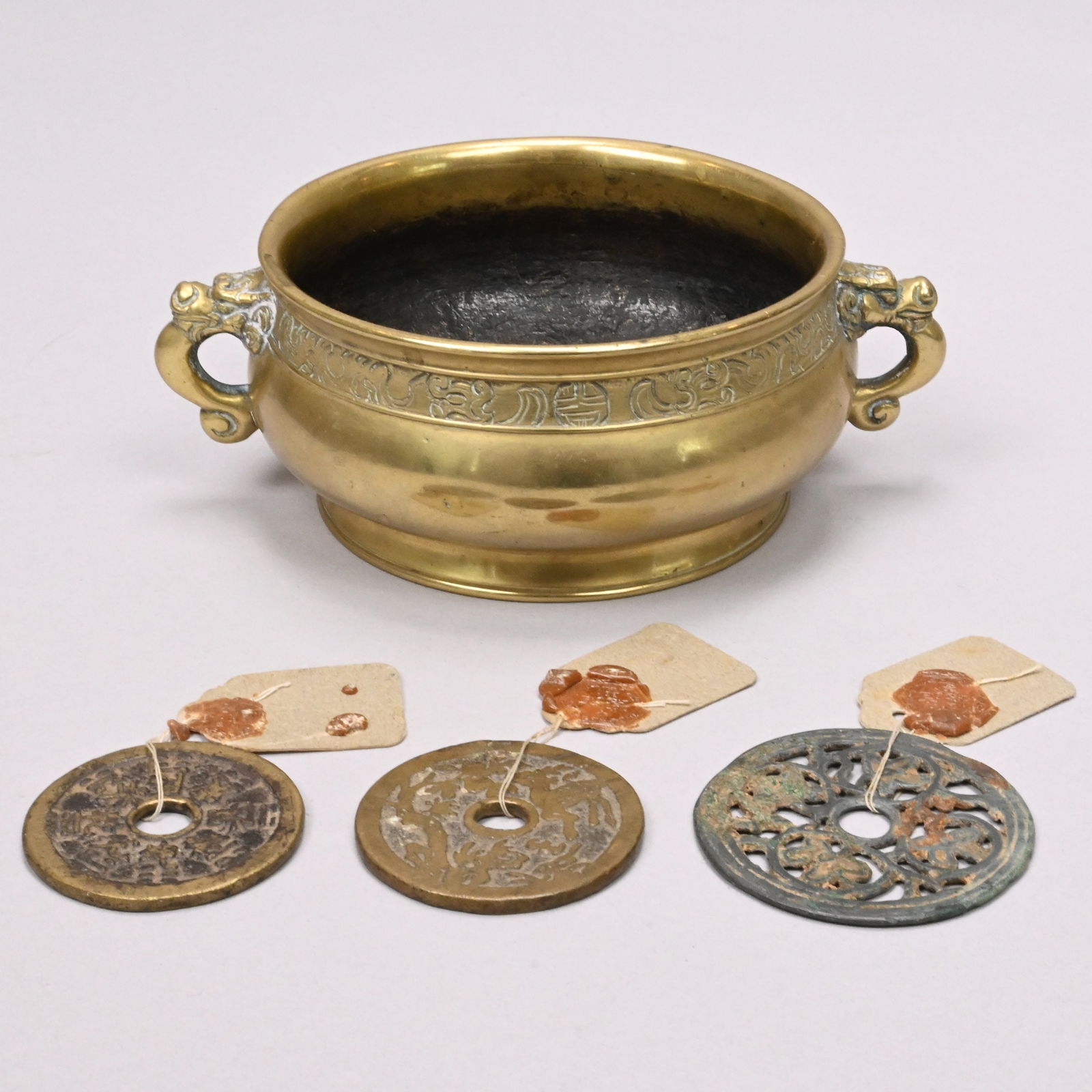 Chinese Bronze Censer, Xuande Reign; & Three Coins (1 of 17)