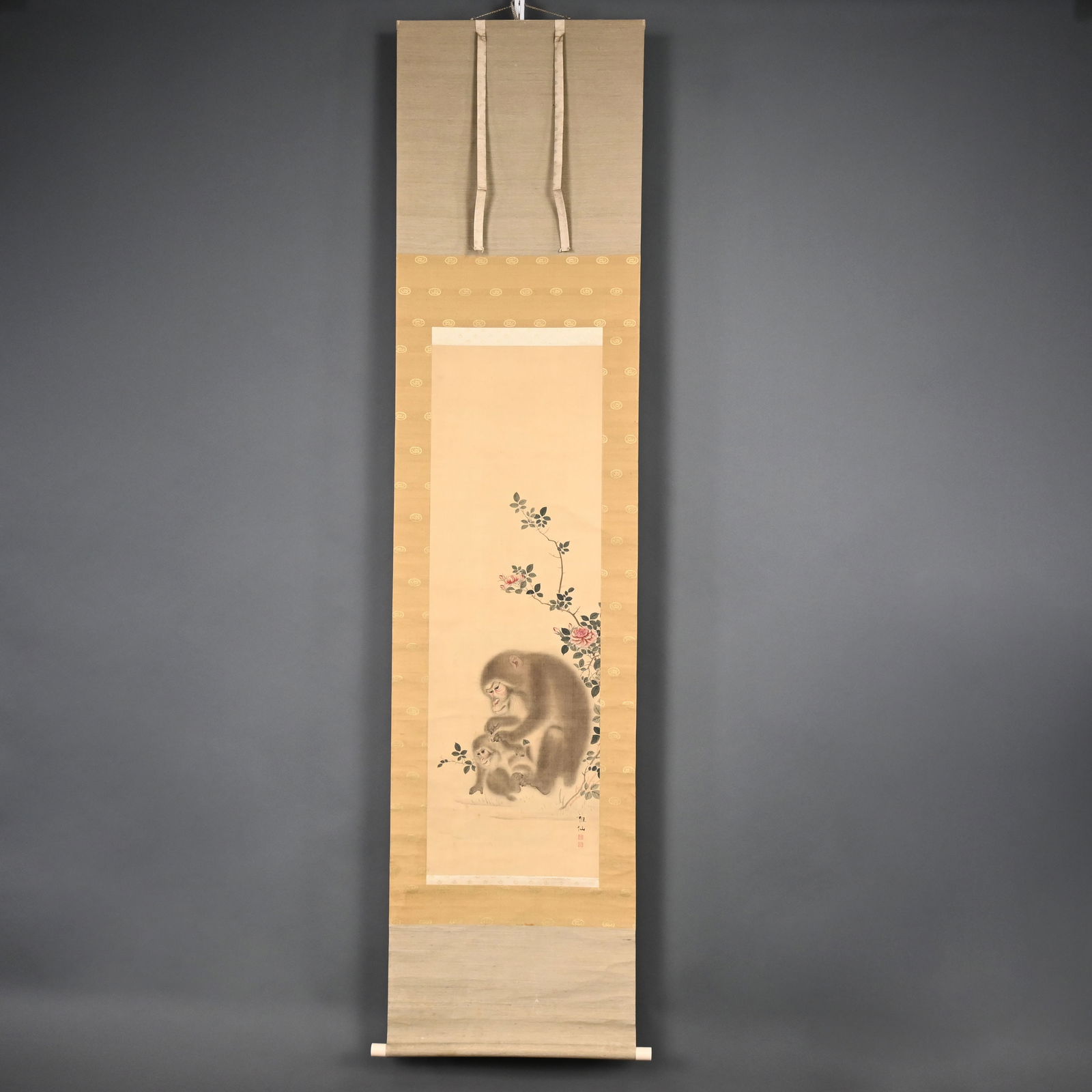 Moris Sosen- Japanese Scroll Painting of Monkeys: Moris Sosen (Japanese, 1747-1821). Scroll Painting (Kakemono or Kakejiku) Depicting Macaque Monkeys, in Presentation Box. Ink and watercolors on silk, depicting a female monkey grooming a baby beside
