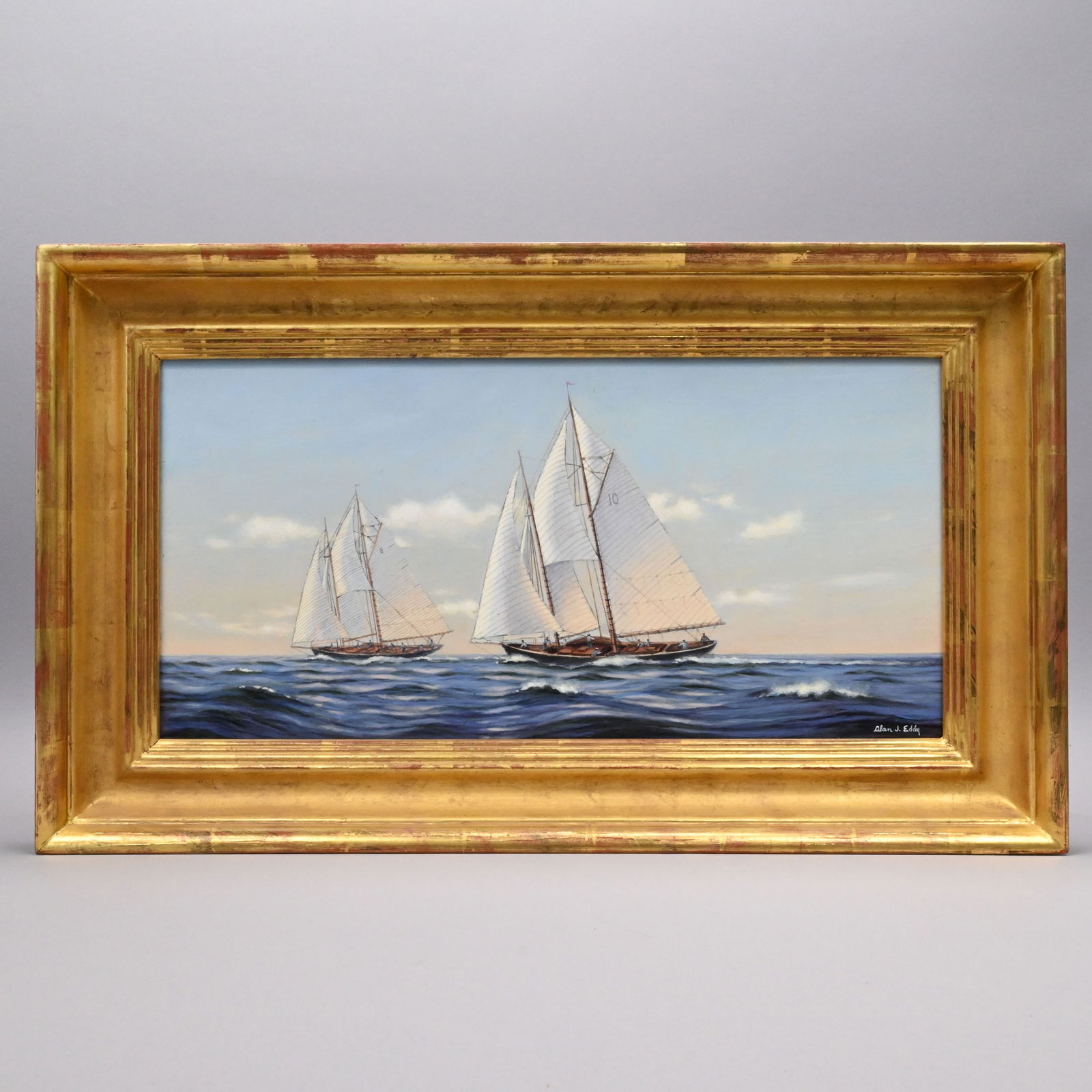 Alan J. Eddy - "Reaching for Newburyport": Alan J. Eddy (American, 1940 - 2023). Two Racing Yachts. Oil on board, signed "Alan J. Eddy", lower right, (10 x 20 inches), reverse titled "Reaching for Newburyport," signed and dated 2002, with