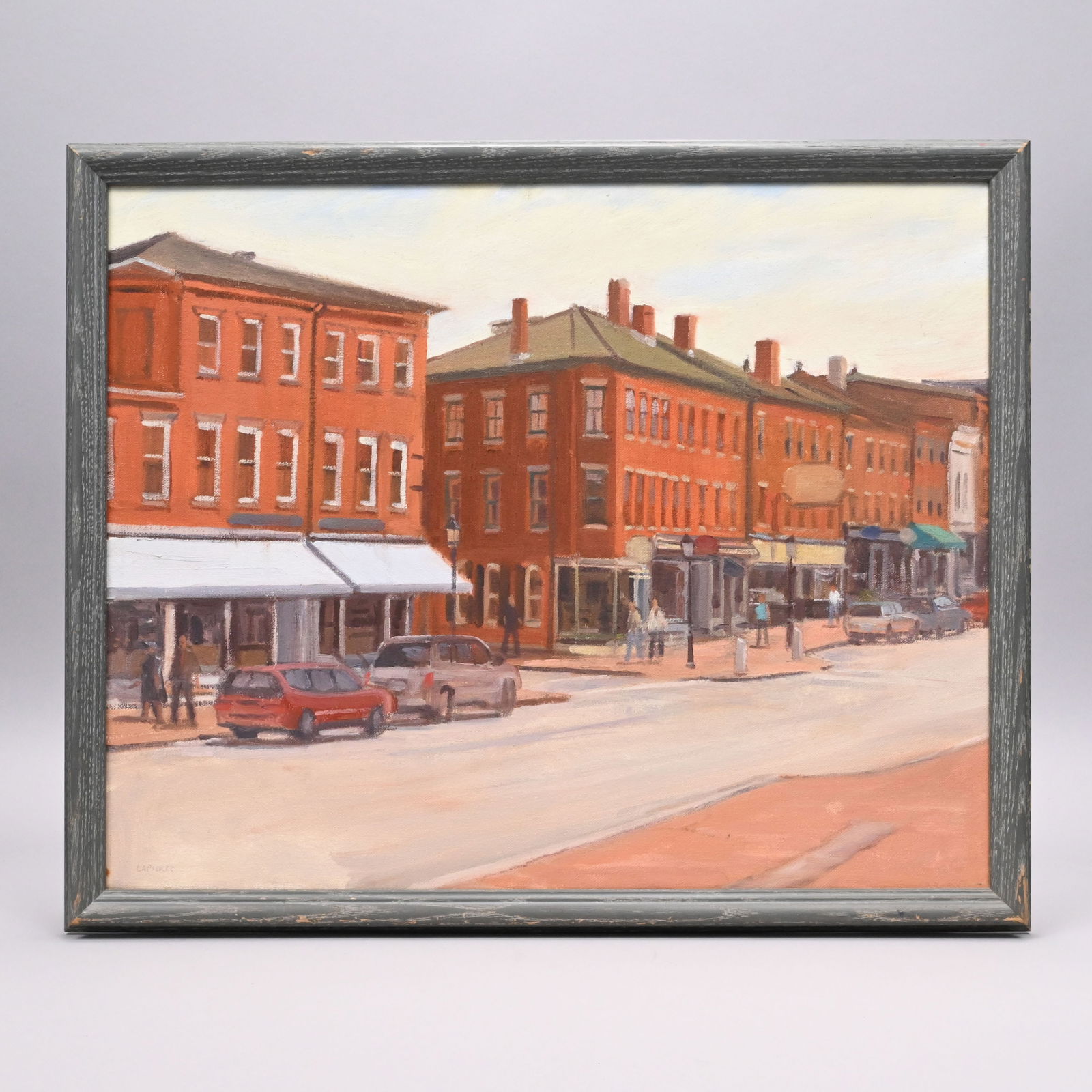 Stephen Lapierre - State Street, Newburyport: Stephen Lapierre (American, Contemporary). State Street, Newburyport. Oil on canvas, signed "Lapierre" lower left, (16 x 20 inches, sight), reverse signed, titled and dated 2003 on the