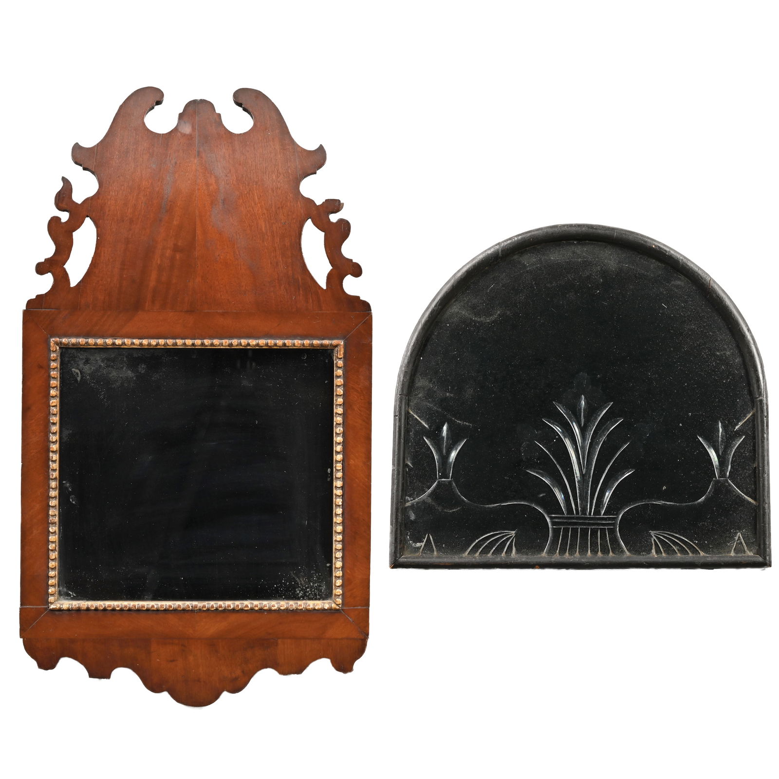 Queen Anne Walnut Mirror and a Cut-Glass Mirror: Queen Anne Walnut Mirror, 18th Century; and a Cut-Glass Arched Mirror. The first mirror with square mirror plate within a beaded surround, the tall scalloped crest within pierced fillets and above a