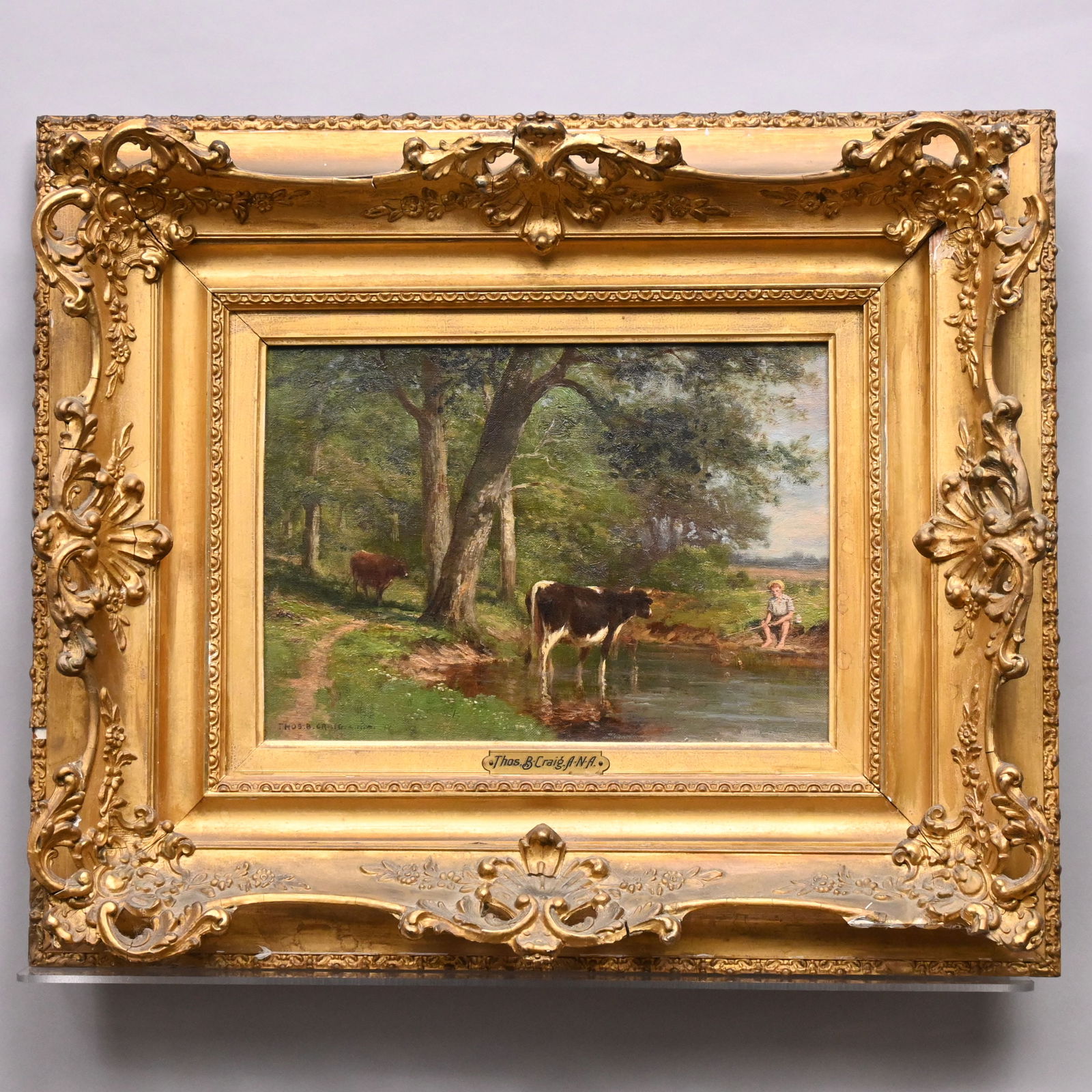 Thomas B. Craig -" A Summer Morning": Thomas B. Craig (American, 1849 - 1924). "A Summer Morning." Oil on canvas, signed "Thos. B. Craig A. N. A." lower left, (10 x 14 inches), reverse inscribed "A Summer Morning/ Painted by Thos. B.