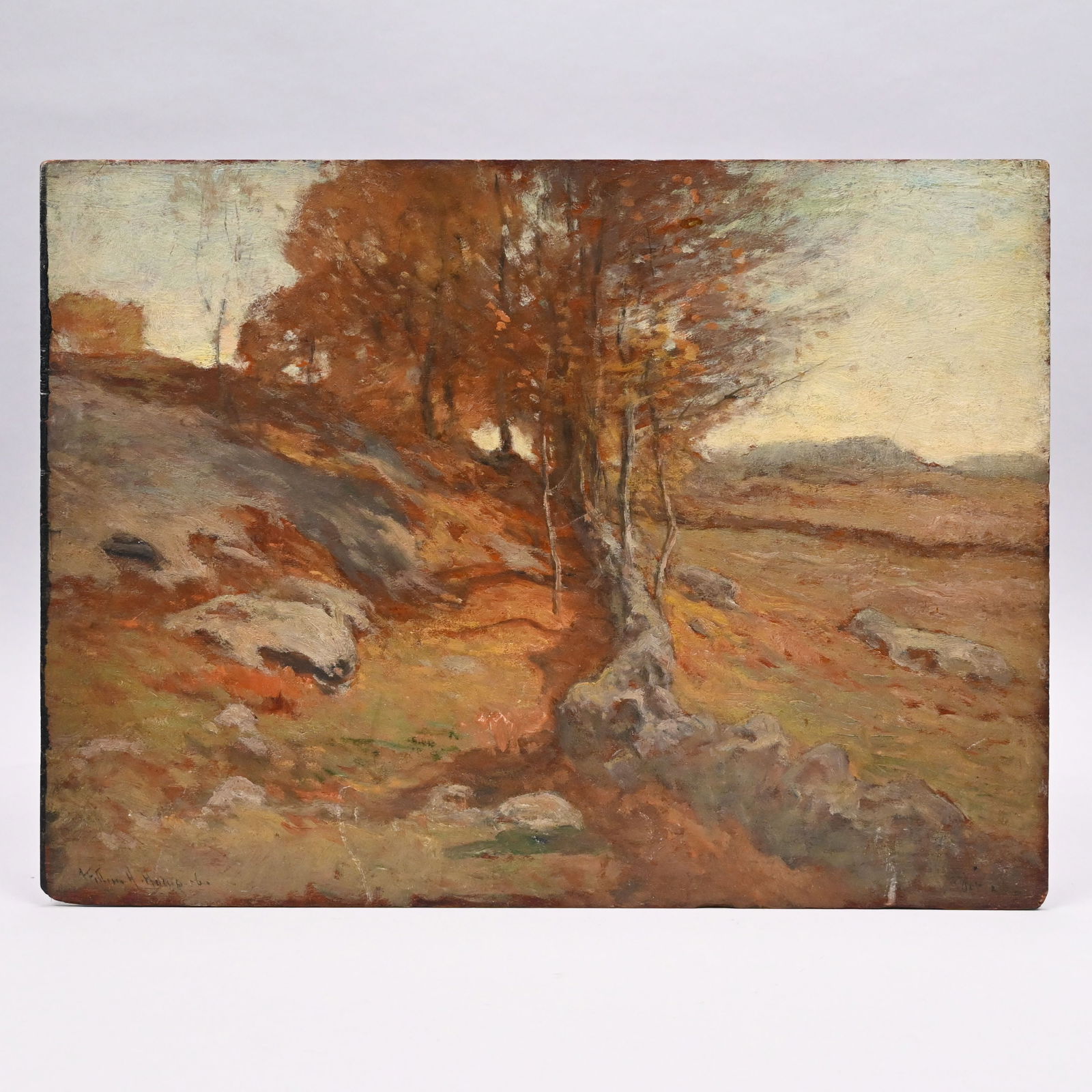 William Henry Howe - Autumn Landscape, Rock Wall: William Henry Howe (American, 1846-1929). Autumn Landscape with Rock Wall. Oil on mahogany panel, signed and dated "William H. Howe '06" lower left; unframed.H: 12 in., W: 16 in.