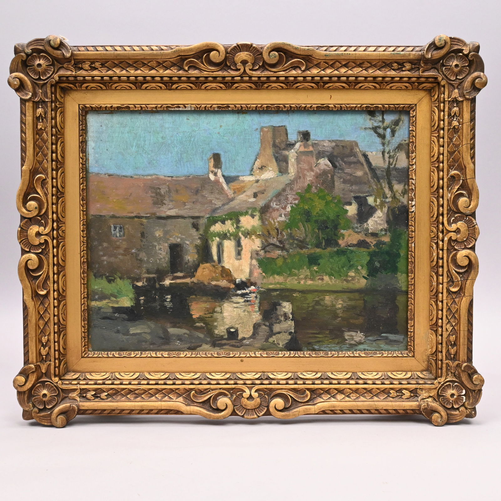 George Elmer Browne - French Gristmill with Barge: George Elmer Browne (American, 1871 - 1946). French Gristmill with Barge on the Stream. Oil on board, signed "Geo. Elmer Browne" lower right, (10.5 x 13.75 inches).Frame: H:16 in., W: 19 in.