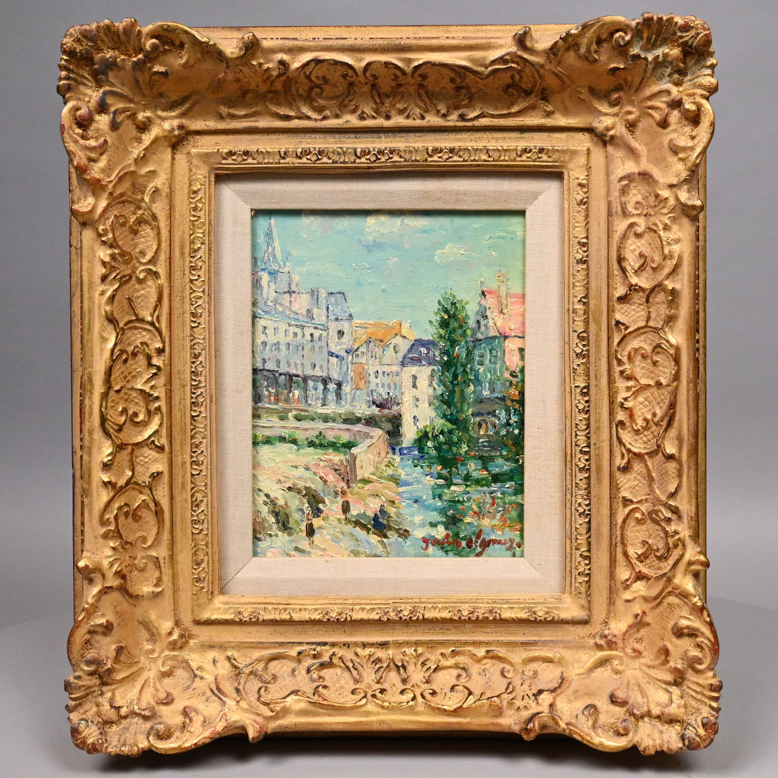 John Clymer - European Town View with Canal: John Clymer (British, b. 1932). Impressionist European Town View with Canal. Oil on canvas, signed "John Clymer" lower right, (10 x 8 inches). Frame: H: 19 in., W: 17 in., D: 3.5 in.