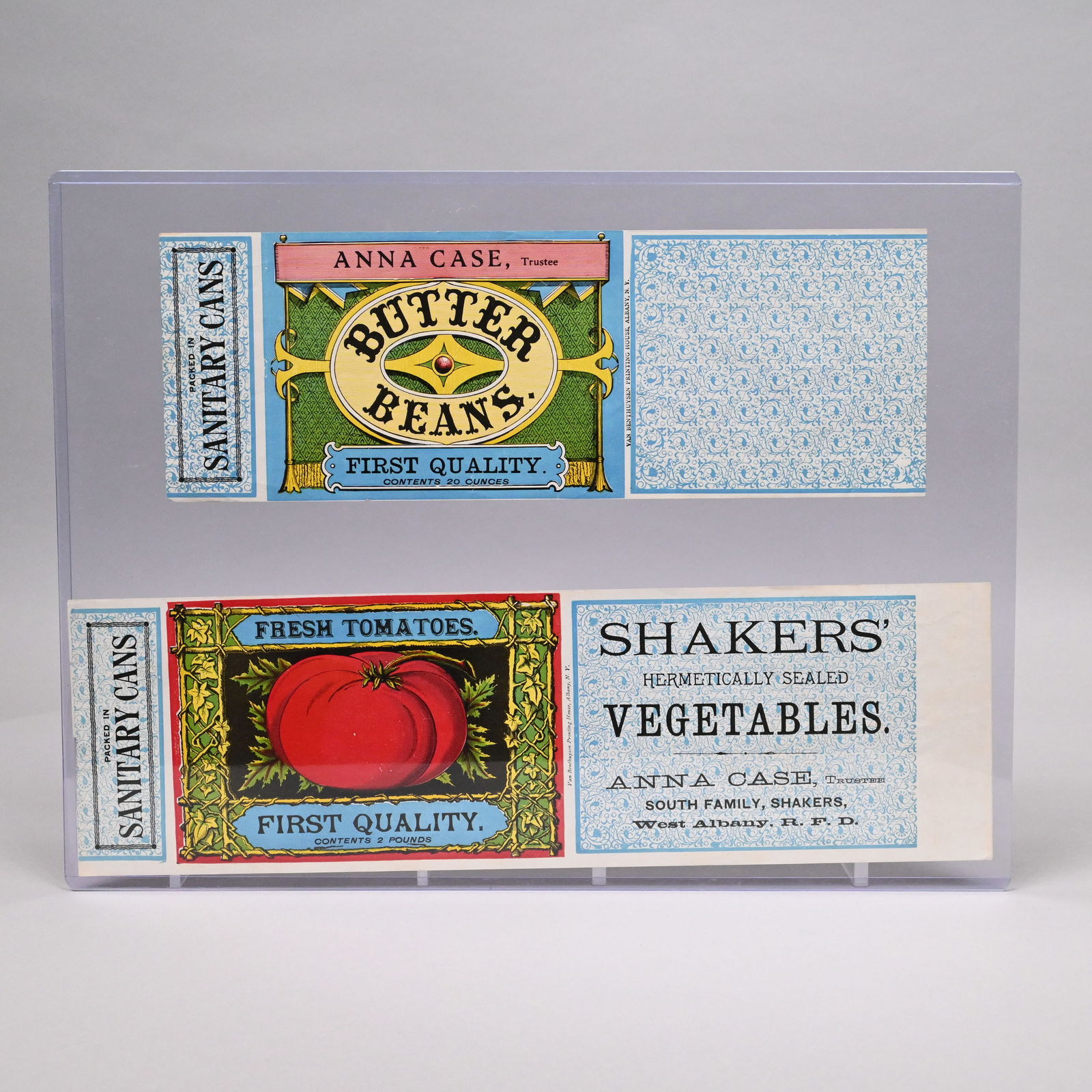 Two Shaker Paper Can Labels, Anna Case, Trustee: Two Shaker Lithographed Paper Can Labels, Anna Case, Trustee. The first for "BUTTER BEANS" and the second for "SHAKERS' HERMETICALLY SEALED VEGETABLES", each printed "ANNA CASE, TRUSTEE", each