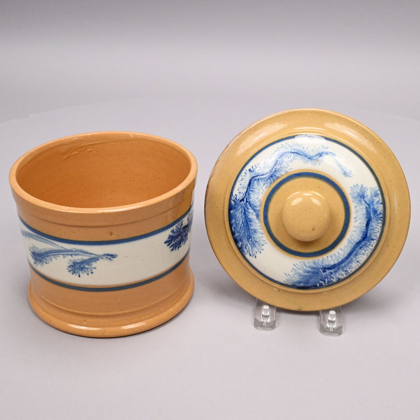 Glazed Redware Bean Pot& Yellow Ware Mochaware Jar - 13