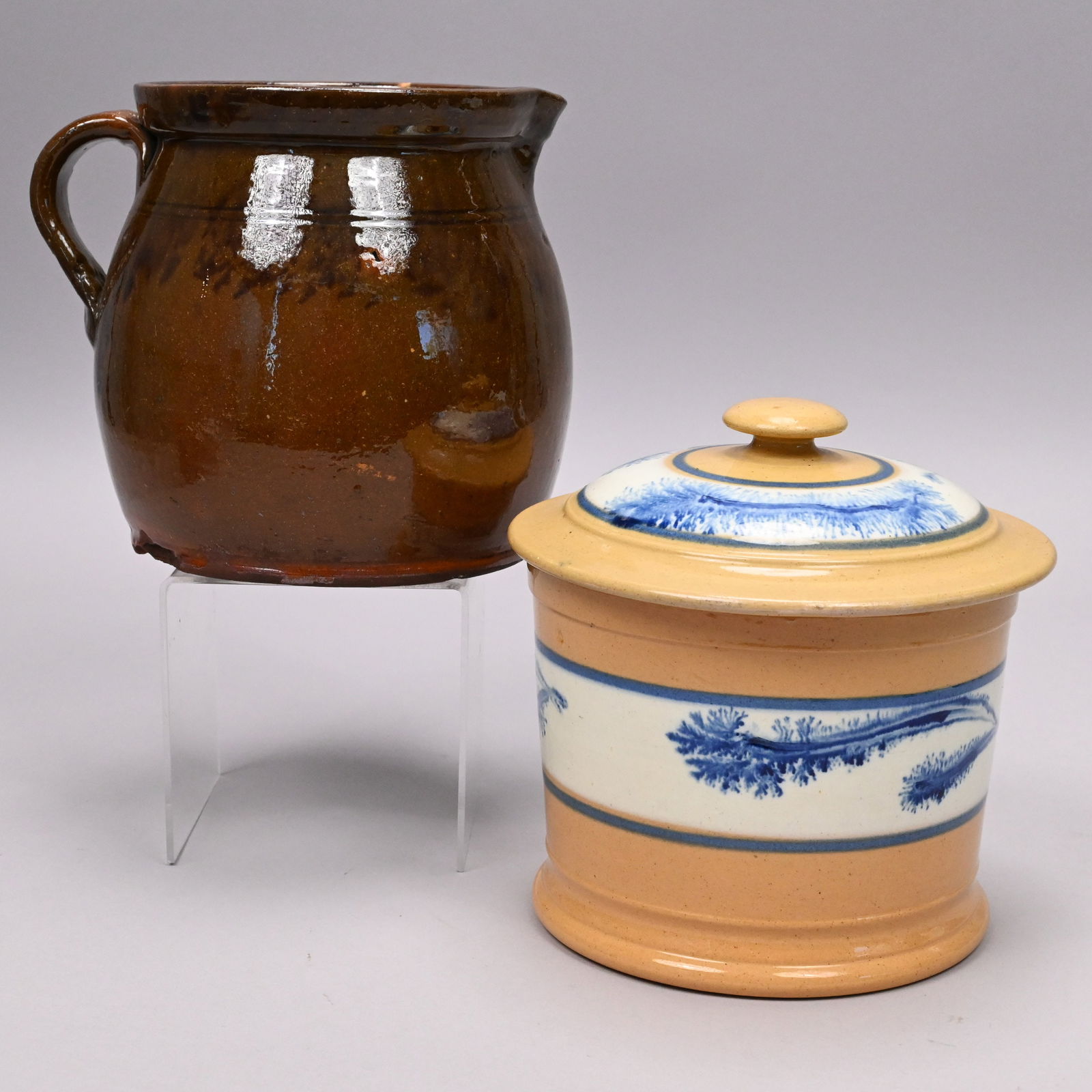 Glazed Redware Bean Pot& Yellow Ware Mochaware Jar (1 of 14)