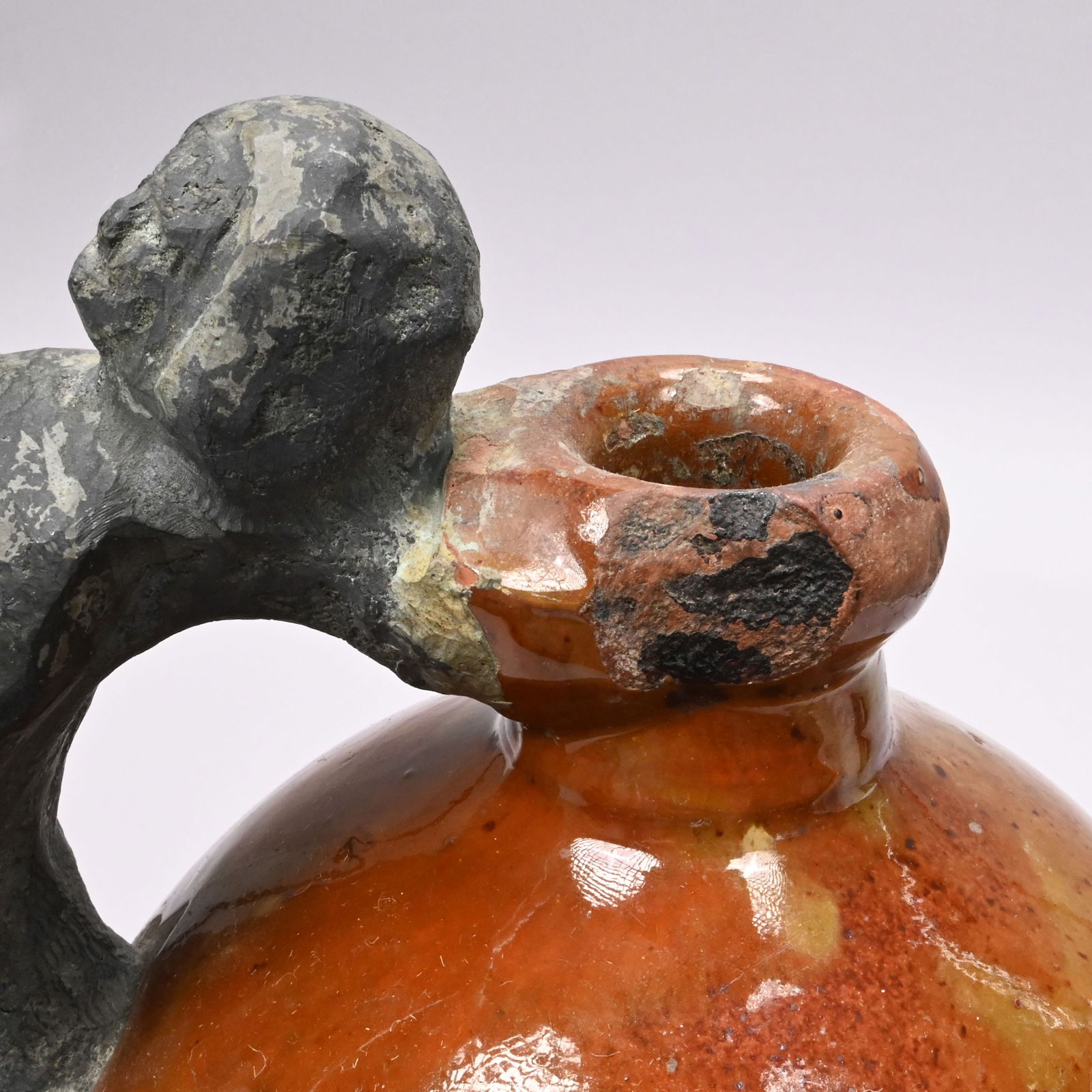 New England Glazed Redware Jug with Make-do Handle - 6