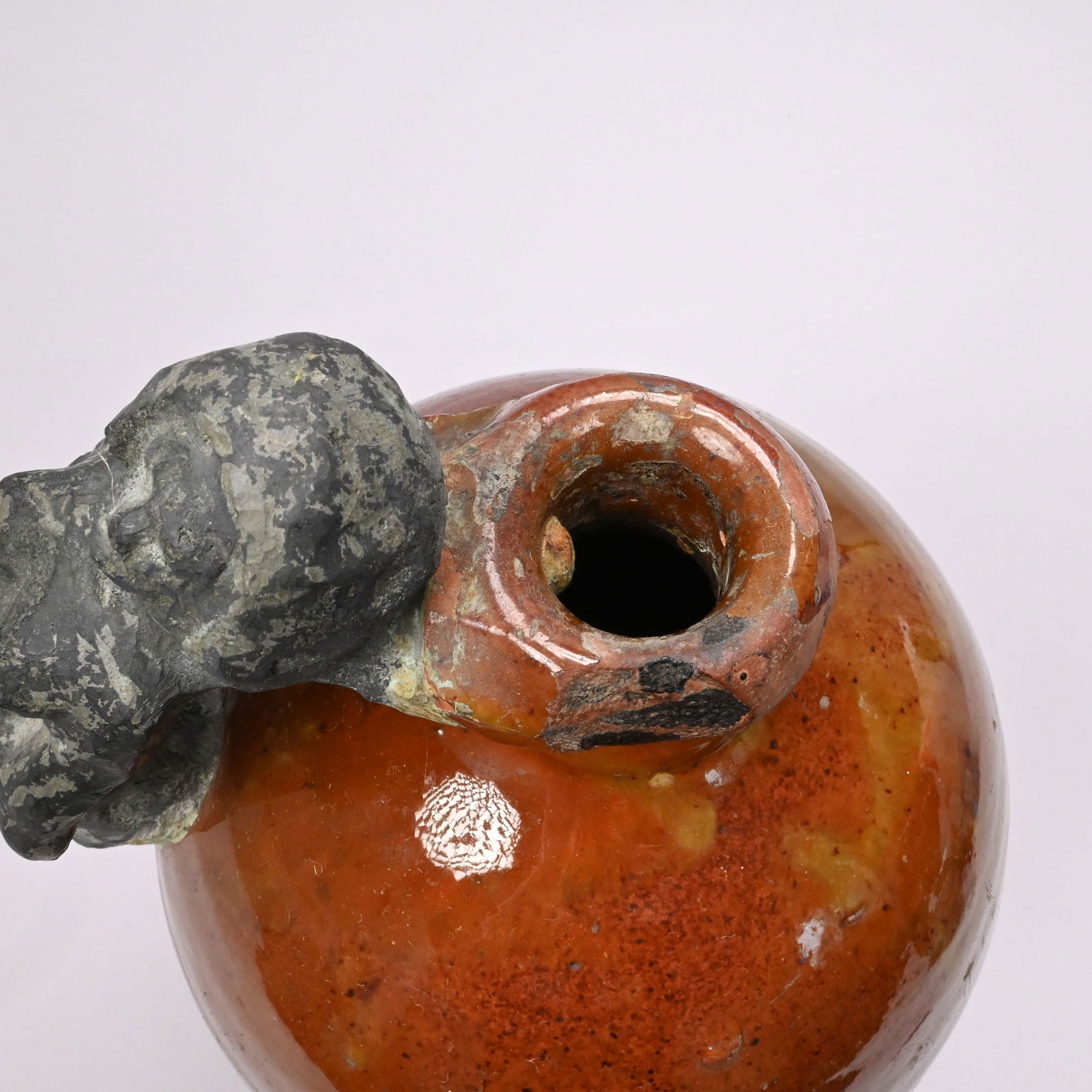 New England Glazed Redware Jug with Make-do Handle - 7