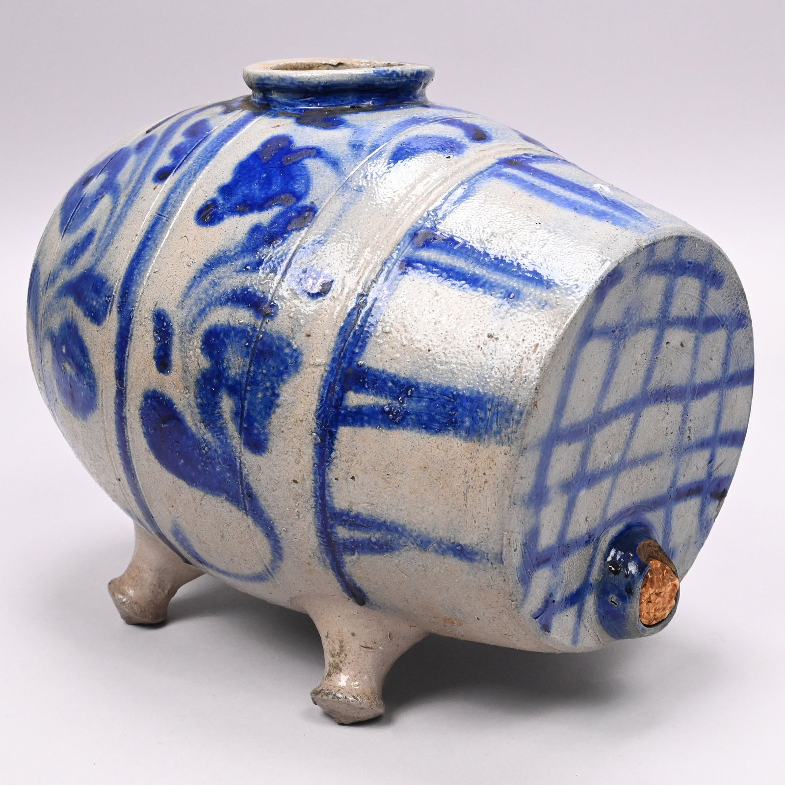 German Saltglaze Stoneware 'Blind Pig'/ Footed Keg: German Saltglaze Stoneware Cobalt Blue-Decorated 'Blind Pig'/ Footed Keg, Probably Westerwald, 19th Century. Of barrel form with wide mouth at the top and on four conical feet, painted with two