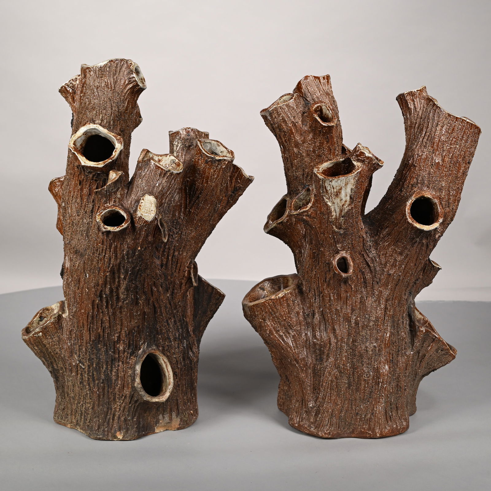 Pair of Glazed Sewer Tile Tree Trunk Planters (1 of 17)