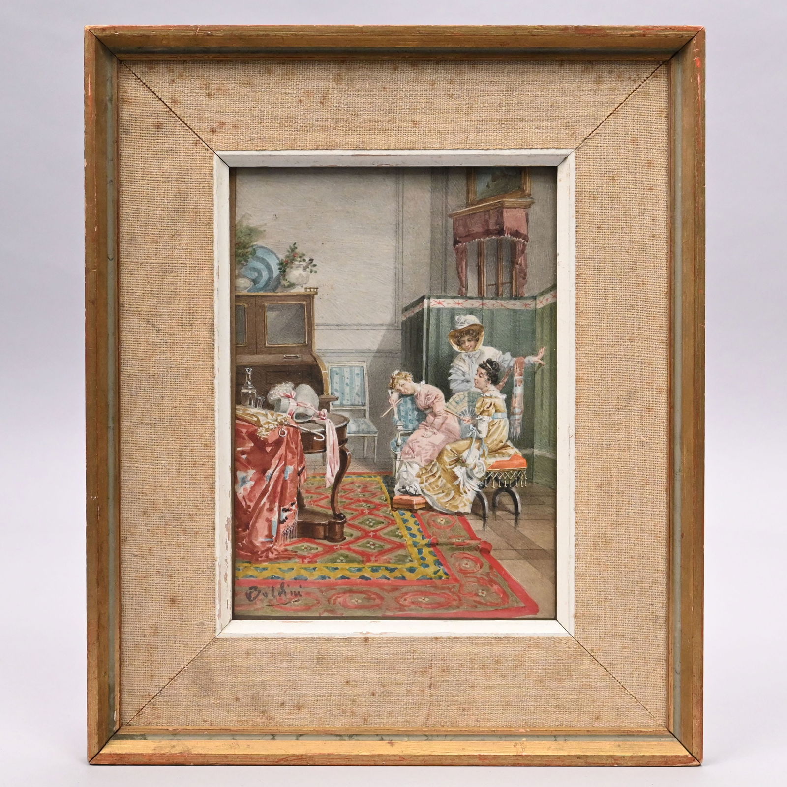 Giovanni Boldini - Paying a Call: Giovanni Boldini (Italian/ French, 1842-1931). Paying a Call. Gouache and watercolor, signed "Boldini" lower left, (7.75 x 5.5 inches, sight).Frame: H: 12.375 in., W: 10.125 in., D: 1 in.