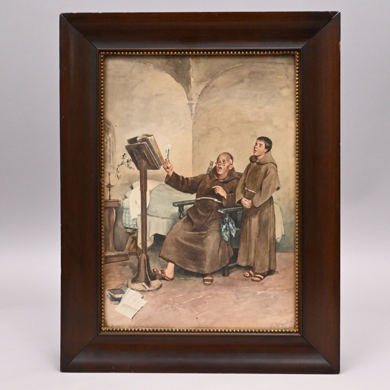 Francesco Coppola - The Choirmaster: Francesco CoppolaThe Choirmaster: A Young Monk and an Elder. Watercolor on paper, signed "Fr. Coppola/ Sorrento" lower right, (14.75 x 10 inches).Frame: H: 19 in., W: 14.25 in.Note: Italian School,