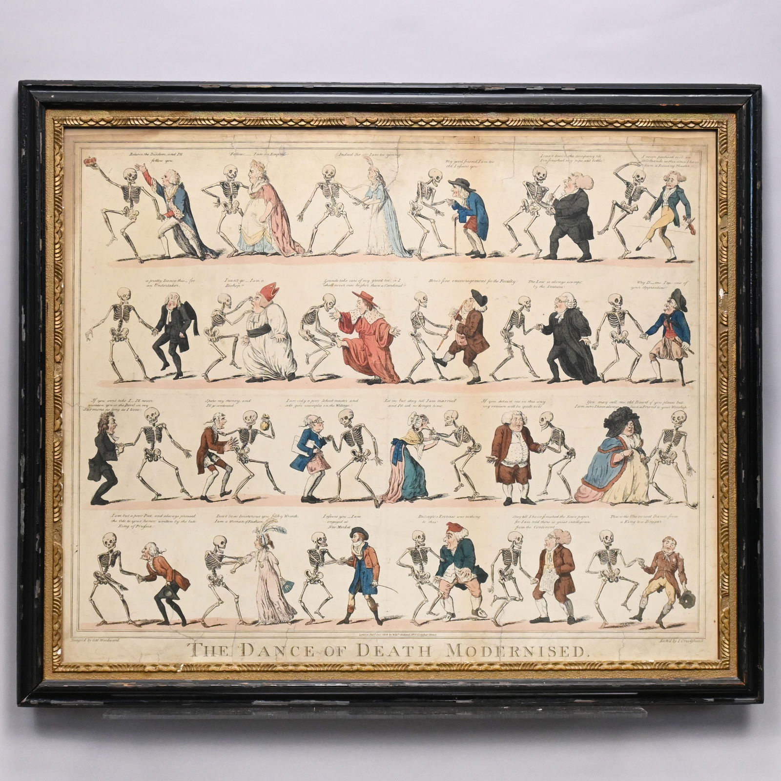 Isaac Cruikshank - "The Dance of Death Modernised": Isaac Cruikshank after G. M. Woodward, published by Wm. Holland, London, 1808. Satirical Print "The Dance of Death Modernized." Hand colored etching on paper, in a black and gilt "Hogarth" frame, (24