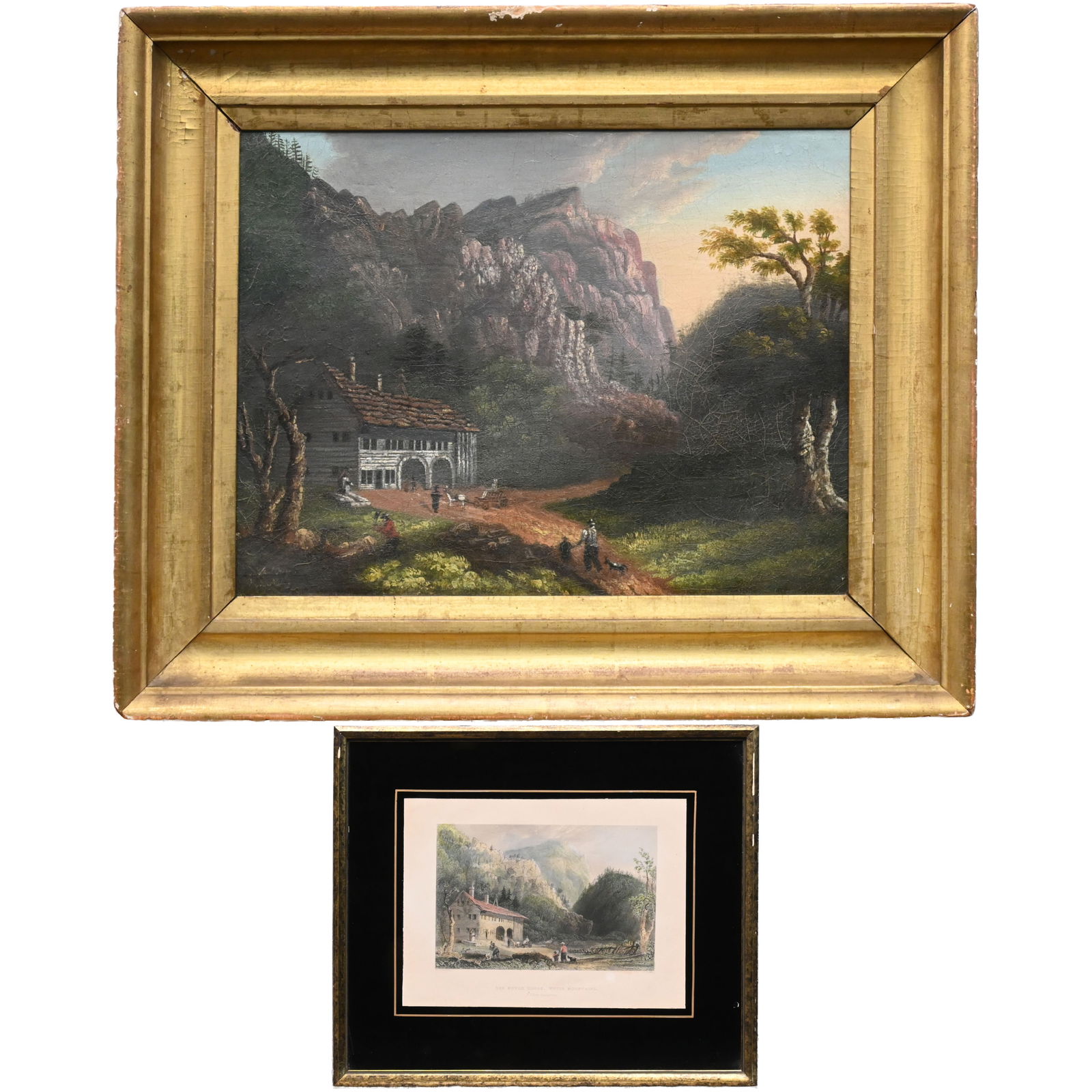 The Notch House, Crawford North, White Mountains: The Notch House, Crawford North, White Mountains (2). Oil on canvas, signed indistinctly lower left, (16.25 x 21.5 inches), reverse with labels for the Cushing family. Frame: H: 23.25 in., W: 28.25
