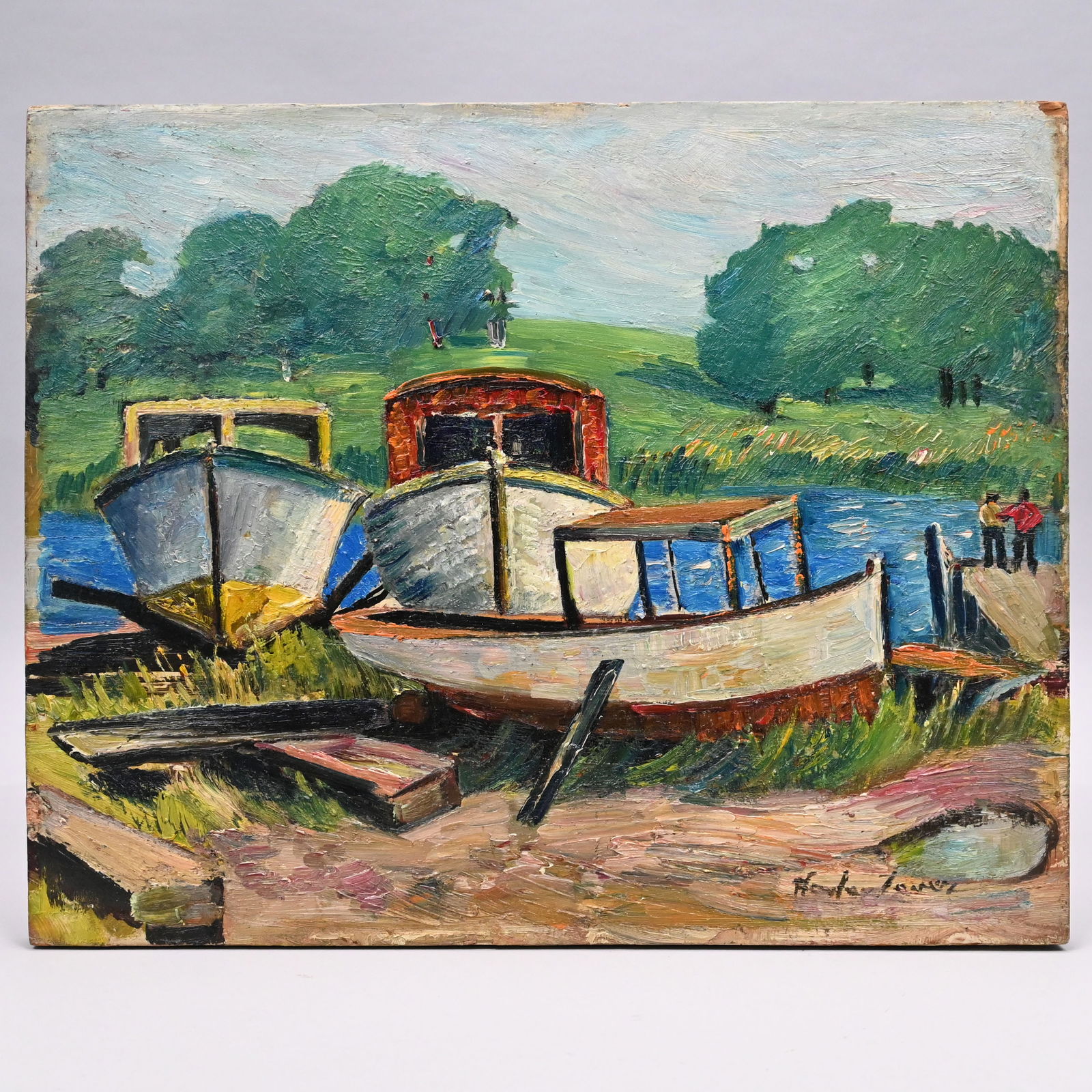Richard Hayley Lever - "East Chester Creek": Richard Hayley Lever (Australian/ American 1876-1958). "East Chester Creek" (Drydock). Oil on plywood, signed "Hayley Lever" lower right, inscribed on the reverse "1947/ Hayley Lever/ East Chester/