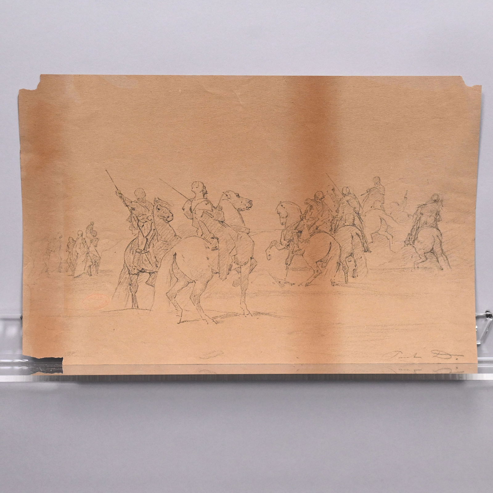 Paul Delamain- Orientalist Study of a Battle Scene: Paul Delamain (French 1821-1882). Orientalist Study of a Group of Algerian Horsemen, an additional horse and rider drawn on the reverse, pencil on paper signed "Paul D" lower right, red oval stamp
