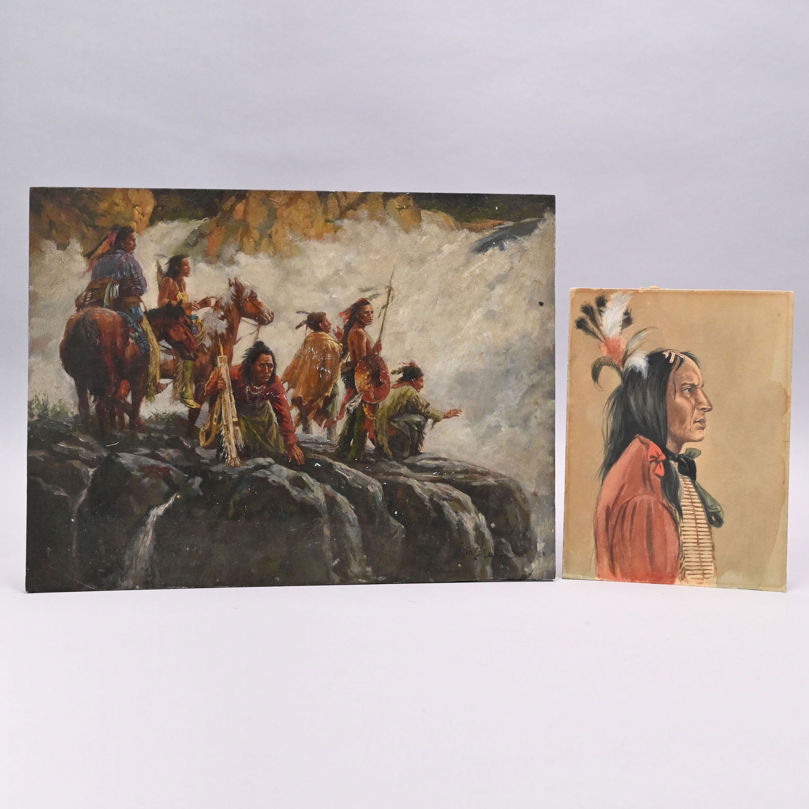N. Henry Bingham - Indians on the Lookout: N. Henry Bingham (American, b. 1939). Indians on the Lookout. Oil on panel, signed "Bingham" lower right. Together with a portrait of an Indian, watercolor on card, signed on the reverse "G.E. Fichtne