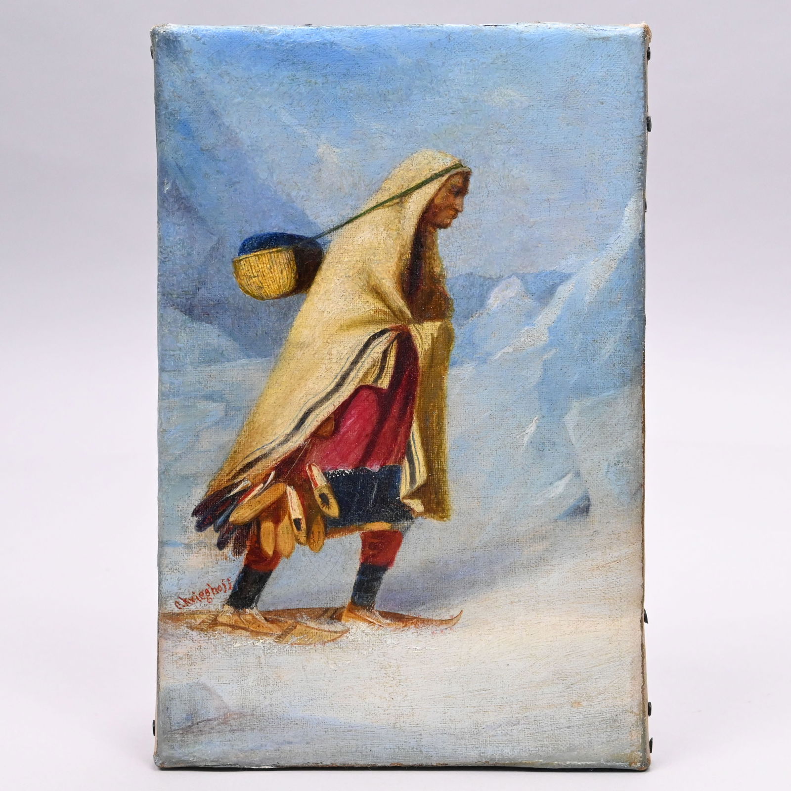 After Cornelius David Krieghoff - Moccasin Seller: After Cornelius David Krieghoff (Canadian, 1815-1872). Moccasin Seller, 19th Century. Oil on canvas, bearing the signature "C. Krieghoff" behind one leg.H: 10.5 in., W: 6.75 in., D: 1 in.