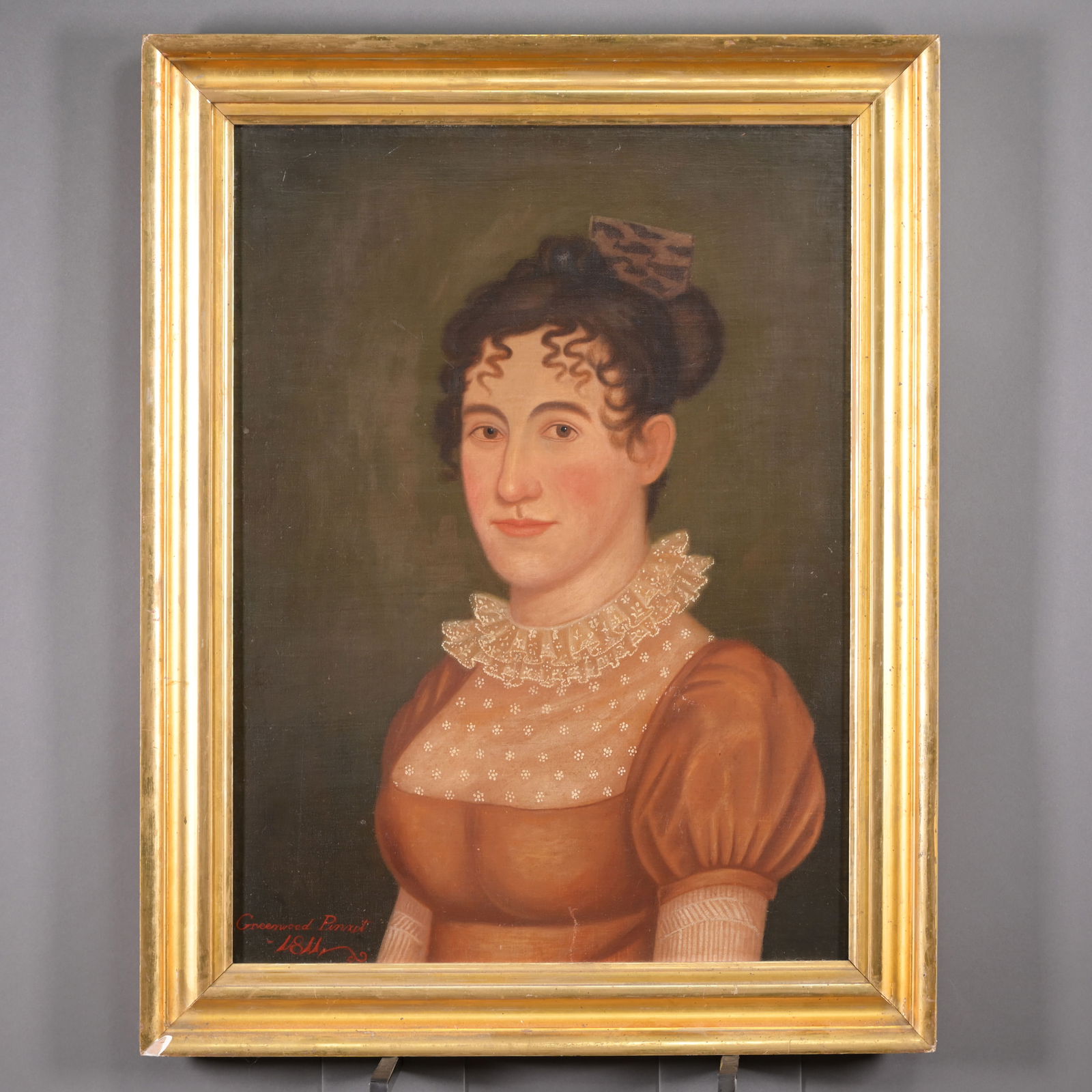 Ethan Allen Greenwood - Woman in a Pink Dress: Ethan Allen Greenwood (American, 1779 - 1856). Portrait of a Woman in a Pink Dress with Floral-Sprigged Lace. Oil on canvas, signed "Greenwood Pinxit" and dated 1811 lower left, (24 x 18