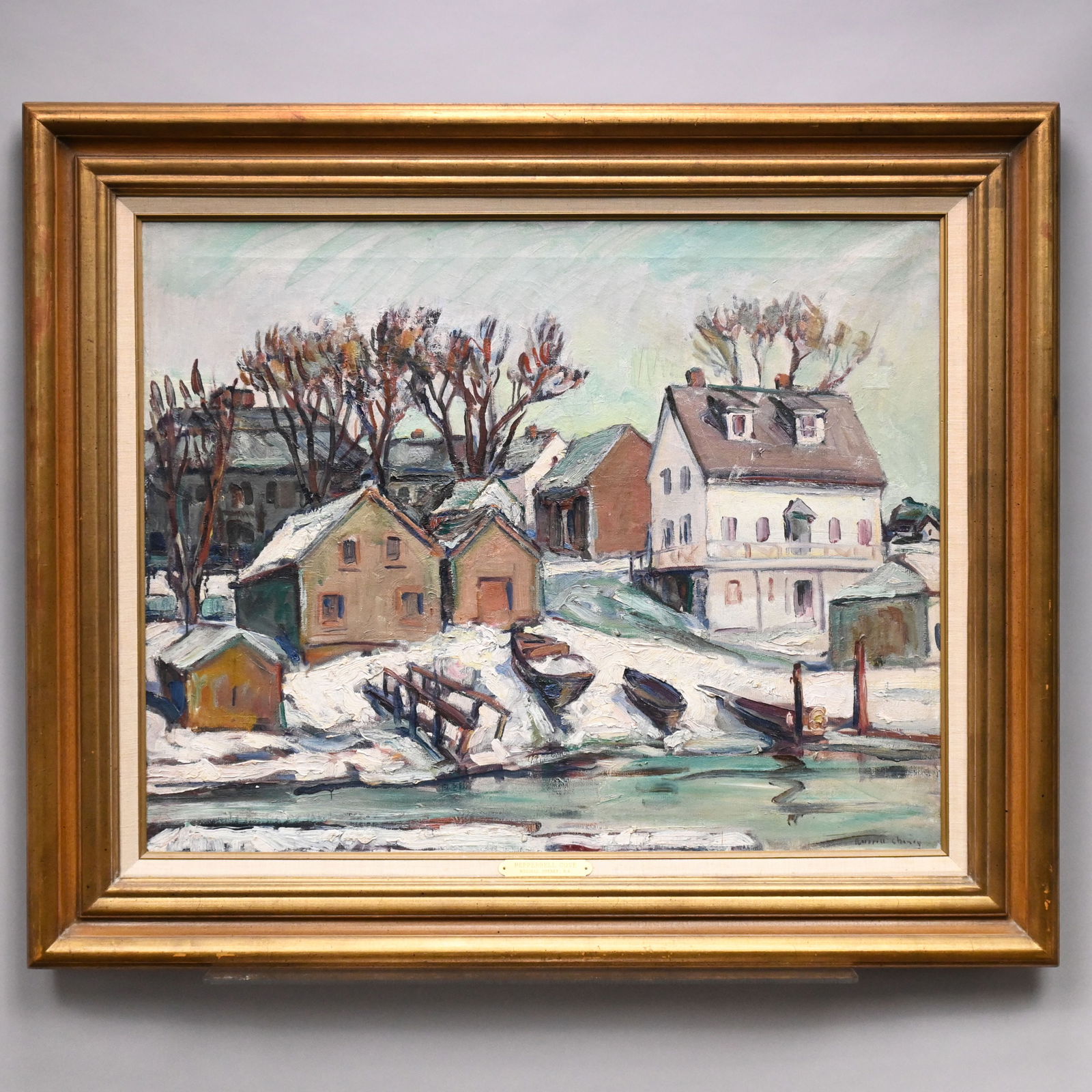 Russell Cheney - "Pepperrell Cove" (Kittery Point): Russell Cheney (American, 1881 - 1945). "Pepperrell Cove," (Winter, Kittery Point, Maine), 1933. Oil on canvas, signed "Russell Cheney" lower right, (24 x 30 inches). Frame: H: 32.5 in., W: 38.5