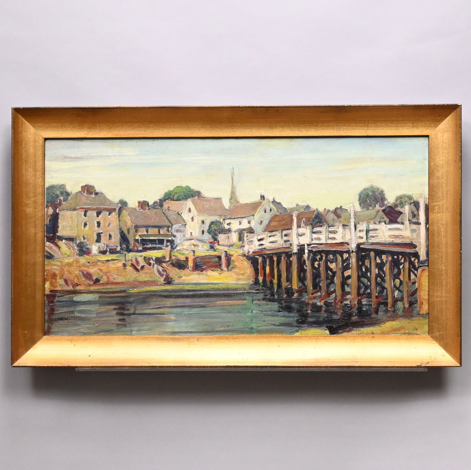 Russell Cheney - The Old Wooden Bridge: Russell Cheney (American, 1881 - 1945). The Old Wooden Bridge, Mechanic Street, Portsmouth. Oil on canvas, (14.25 x 27.25 inches). Frame: H: 18 in., W: 31 in.